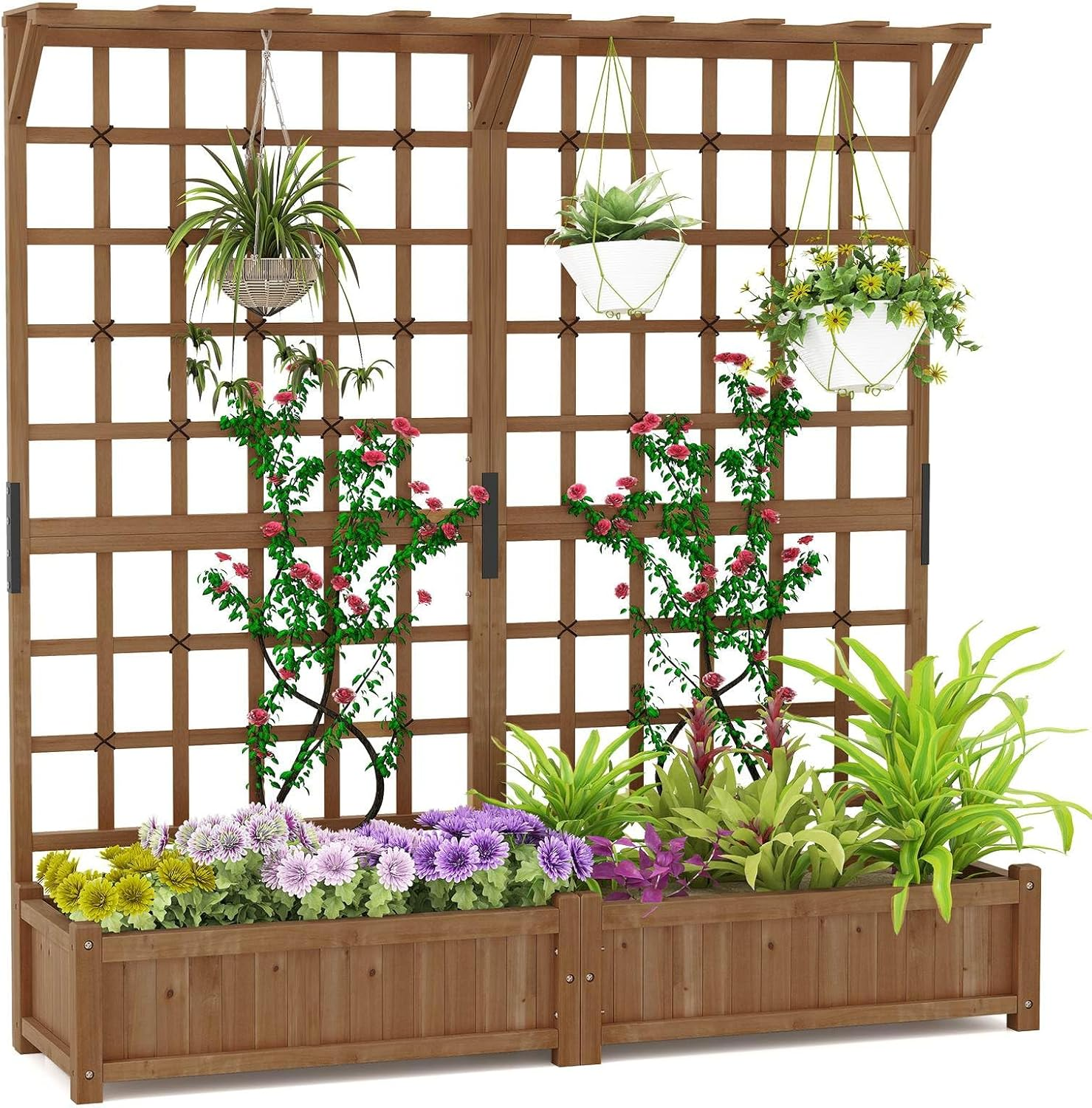 Costway 183 CM Tall Large Raised Garden Bed W/Lattice Trellis, Hanging Roof, Drainage Holes, Elevated Wooden Planter Box for Vine Climbing Plant Flower Herb Vegetable, Indoor Outdoor Patio Balcony