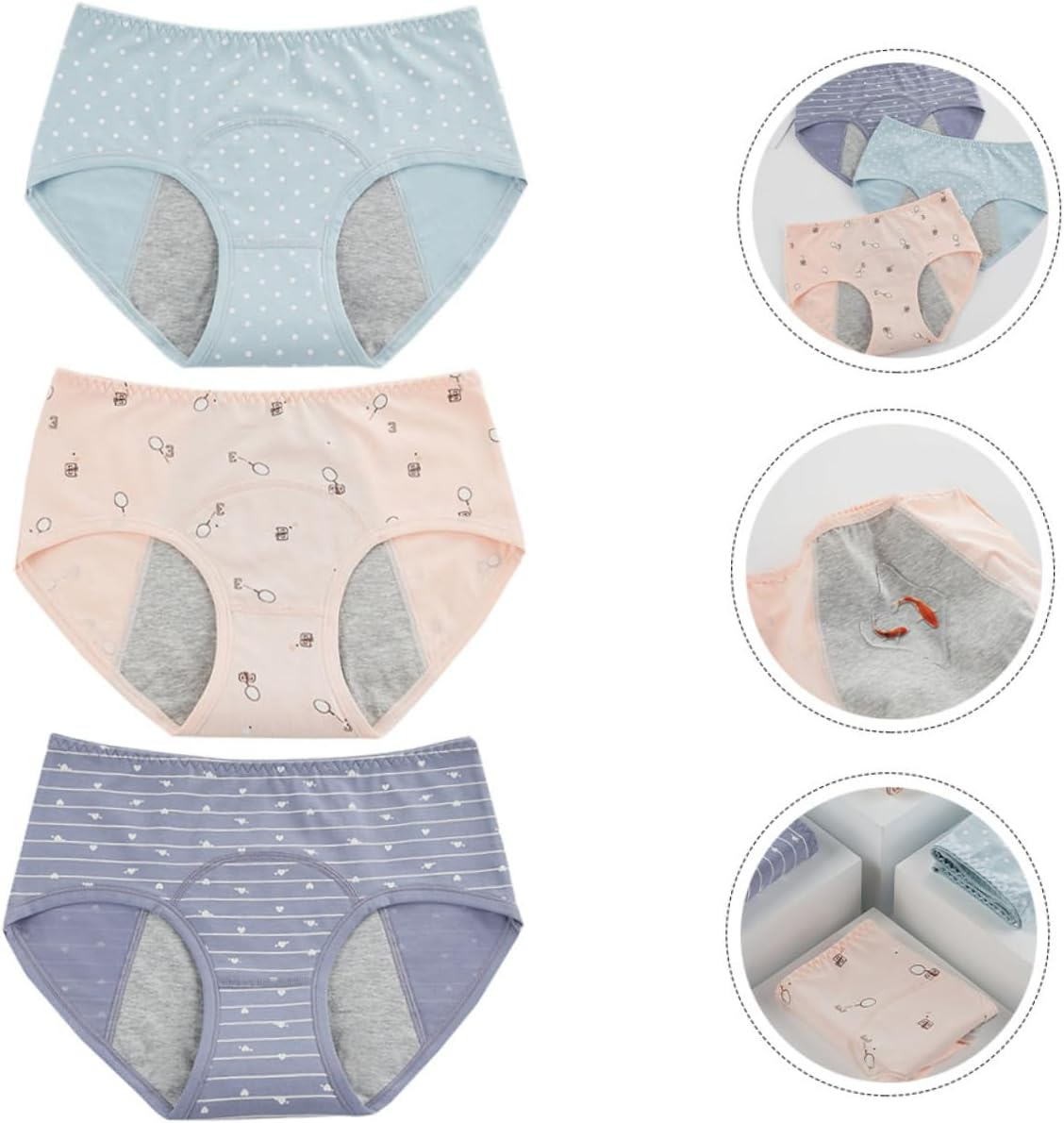 3Pcs Menstrual Underpants for Women Medium Waist Safety Pants Cloth Underwear Leak Shrimp Lake Blue Gray Blue image number 4