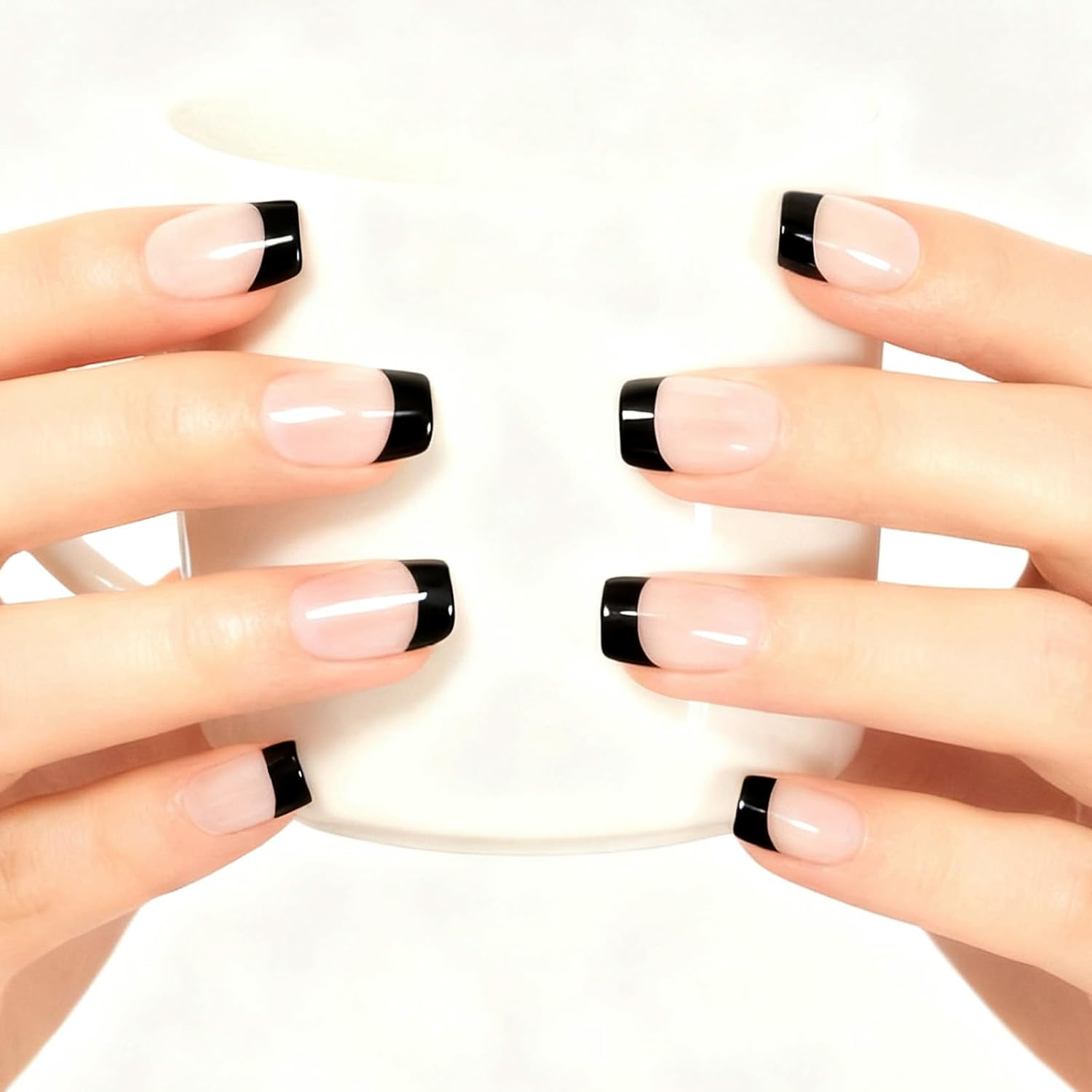 Black Tip Classy Finish Polish Press on Nails Medium-Short French Square Gel Acrylic Manicure DIY Reusable False Nails 24Pcs