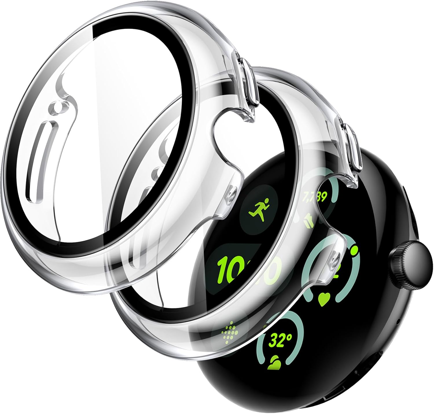 Jetech Case with Screen Protector for Google Pixel Watch 3/2/1 41Mm, Built-In 9H Tempered Glass Film Hard PC Bumper Full Coverage Protective Cover, 2-Pack (Black/Black)