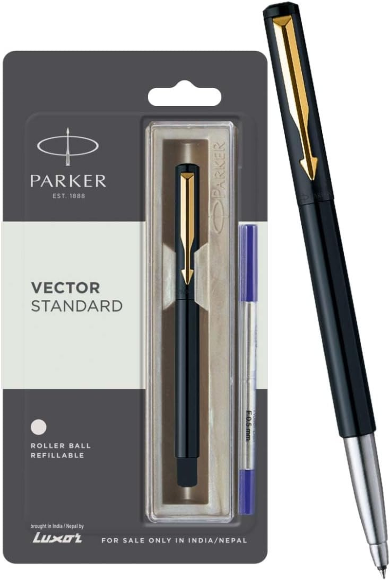 Parker Vector Standard Black Body Gold Trim Roller Ball Ink Pen, Writing Pens, Blue