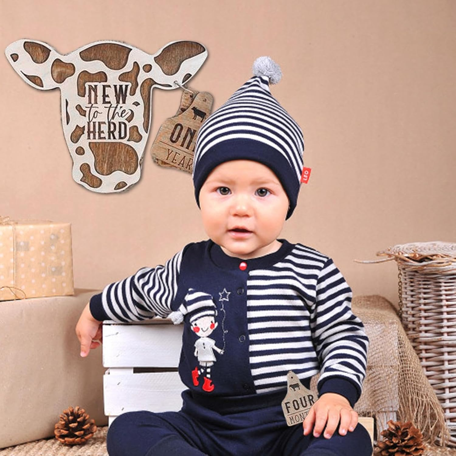 Mbiyhgta Highland Livestock Milestone Marker | Monthly Milestones for Toddlers Wood with CUET Label - 13 Pieces of Rustic Wood Herd image number 1