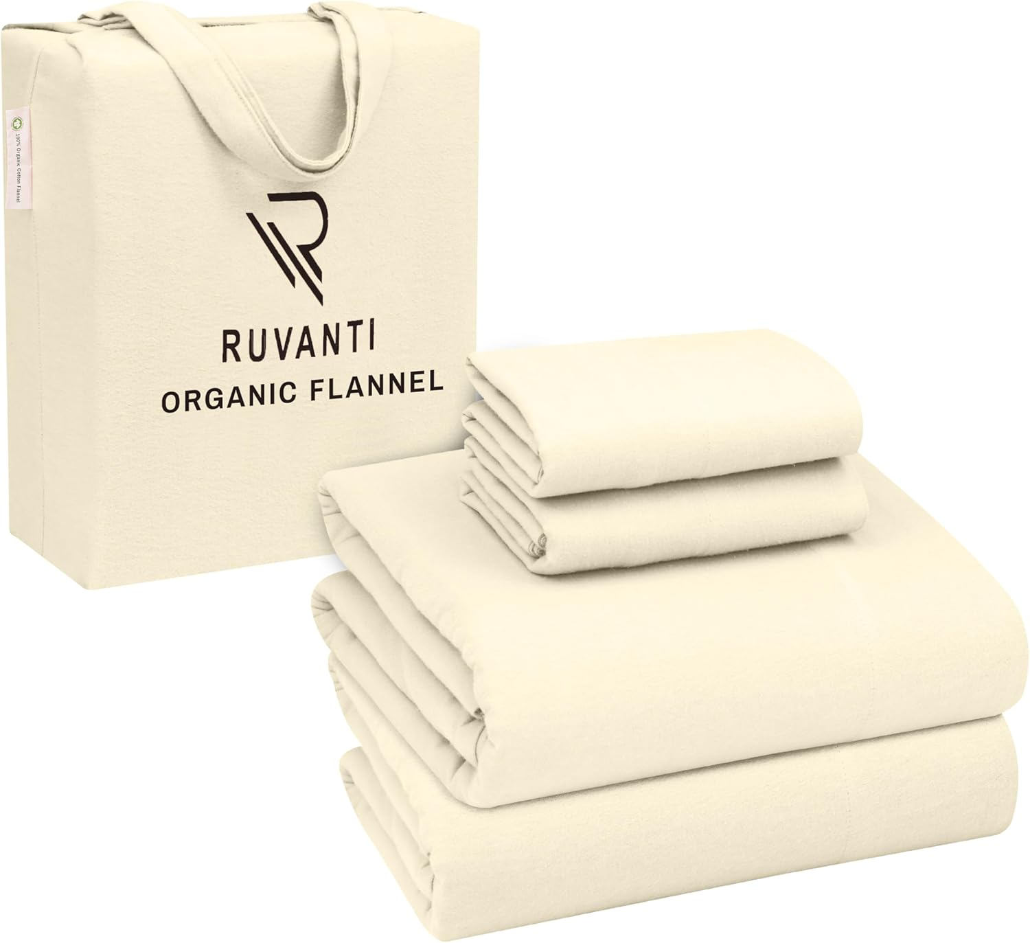 RUVANTI Organic Flannel Sheets Full Size - 100% Cotton Double Brushed Bed Sheet Set - Deep Pocket 16 Inches - All Seasons Breathable, Extra Soft, Warm & Cozy - 4 Pieces - Winter White image number 2