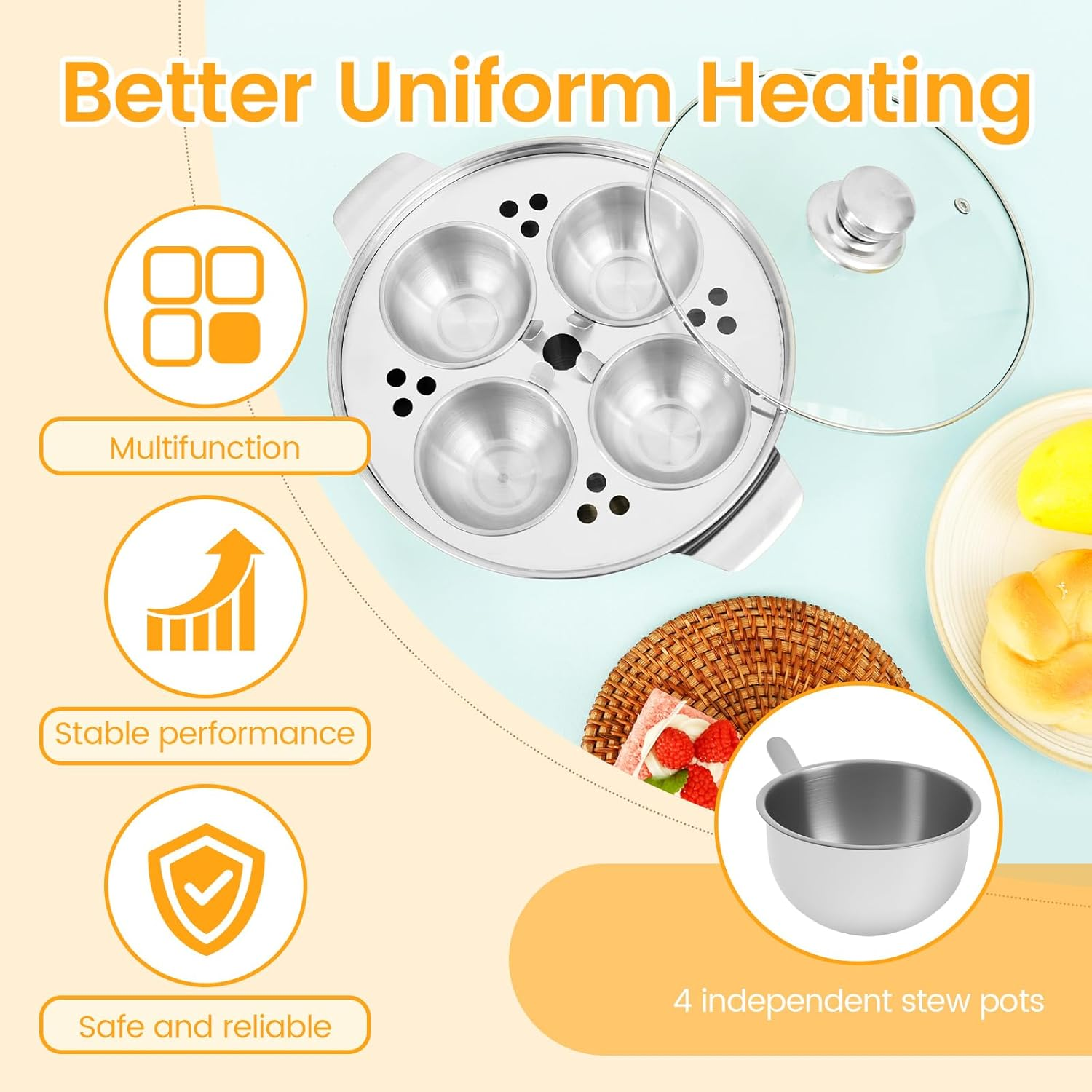 MFAUCAZB Stainless Steel Egg Poacher, 4-Cup Poached Egg Pan with Glass Lid, Induction Cooker Compatible, Easy to Store and Clean image number 1