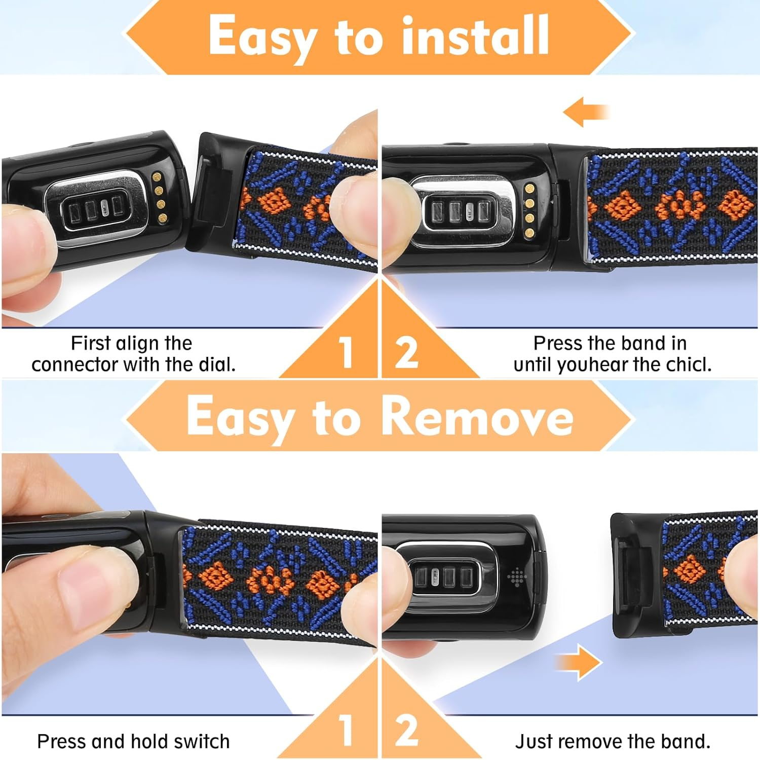 2 Pack Elastic Nylon Bands Compatible with Fitbit Charge 5/Charge 6 Adjustable Breathable Replacement Straps Soft Nylon Loop for Women Men - Black+Indigo image number 4