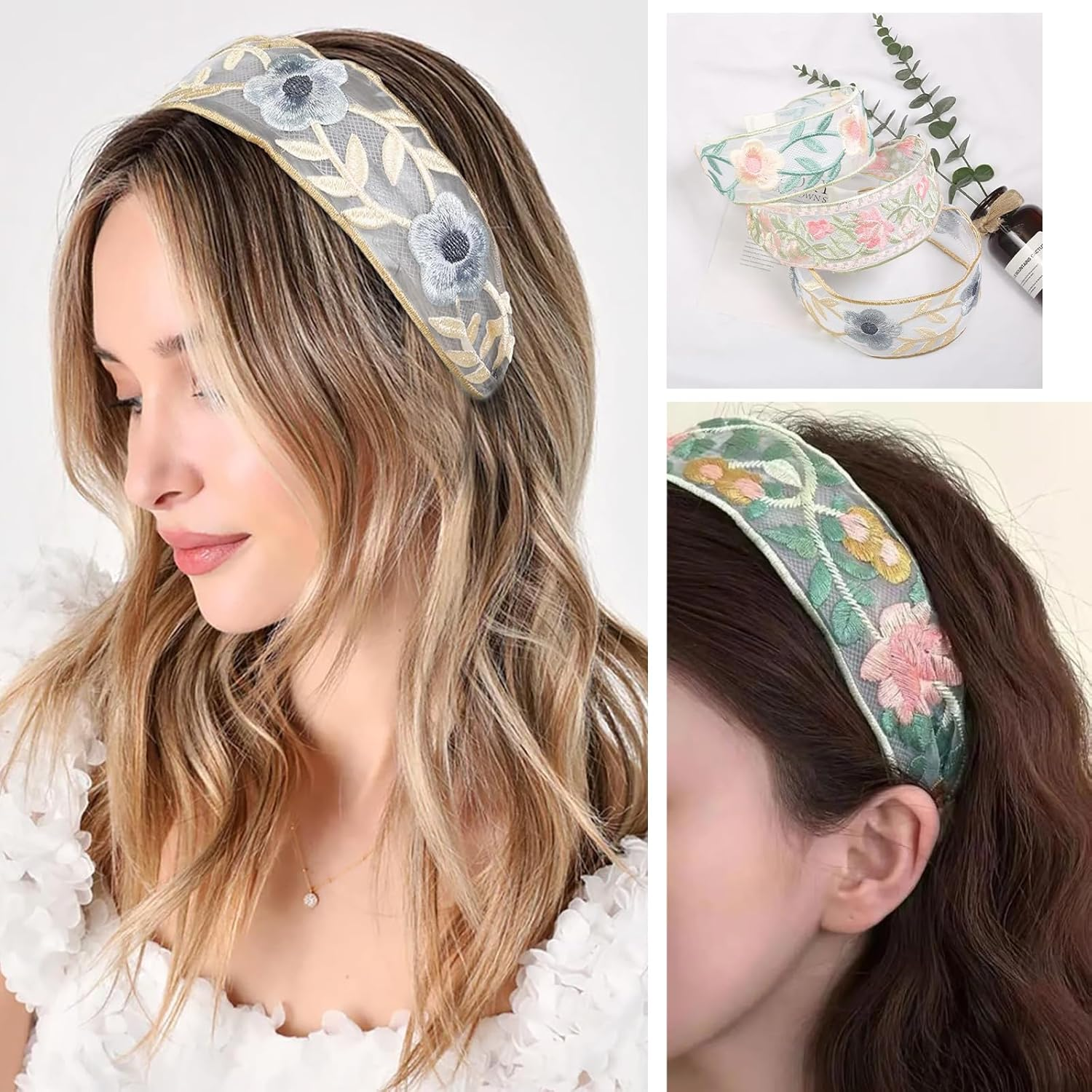 Charmburst Pack of 3 Women'S Hair Bands with Floral Embroidery, Wide Soft Headband for Spring and Summer, Colourful Trendy Headbands for Girls and Women image number 5