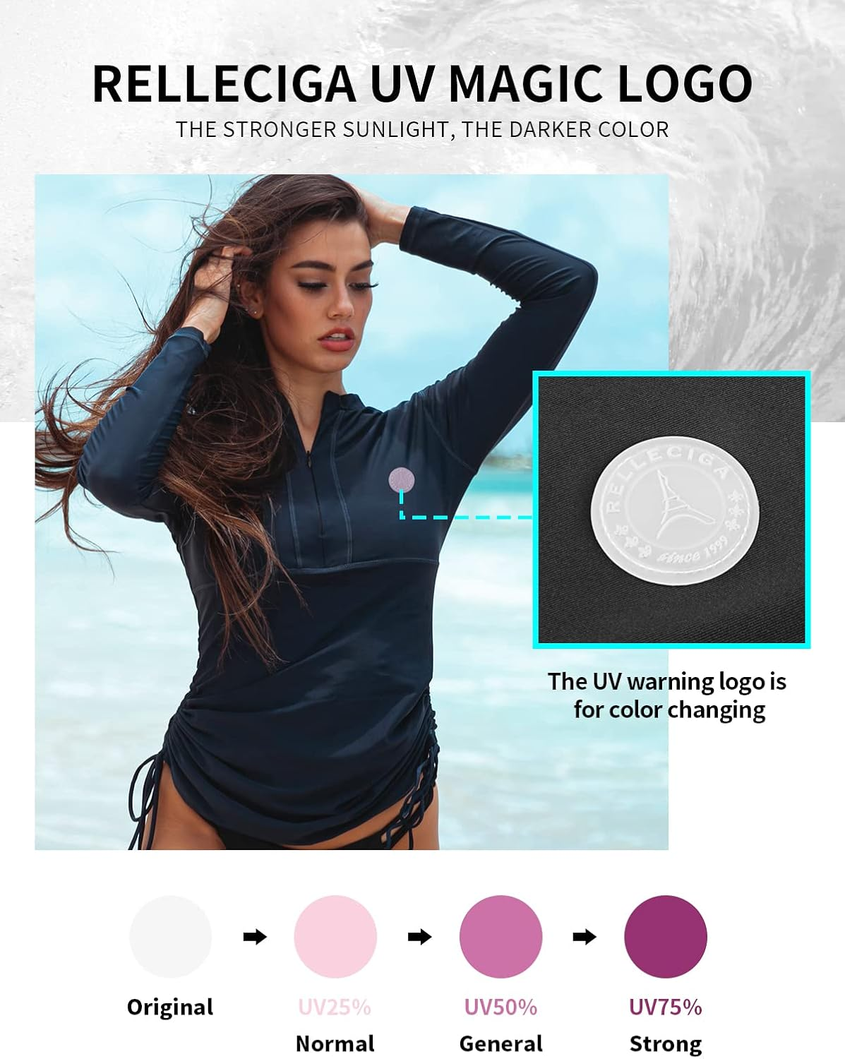 RELLECIGA Women'S UPF 50+ Half Zip Front Rash Guard UV Sun Protection Long Sleeve Swim Shirts Wetsuit Top