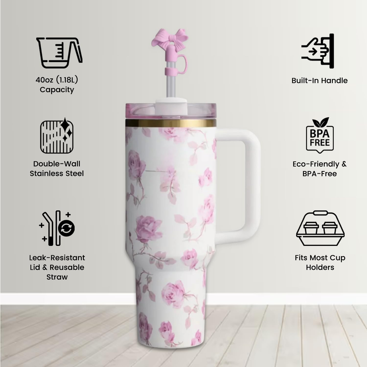 Bliss Gifts & Homewares 40 Oz Floral Insulated Tumblers with Handle & Straw - Stainless Steel, Leak-Proof Lid, Hot & Cold Travel Mug | Love Shake | Gifts for Women & Men (Petal Pink) - Lavender Bloom image number 2