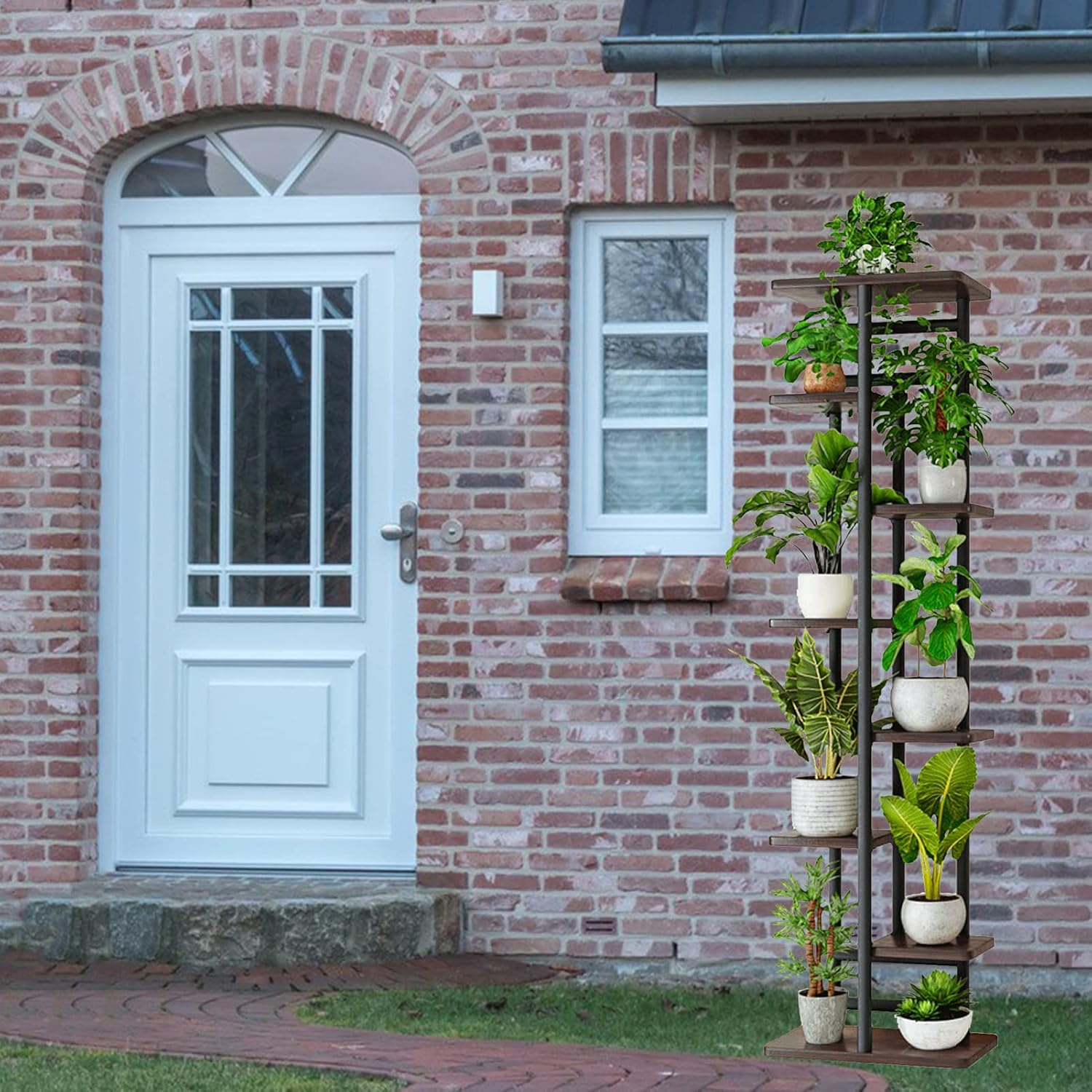 YOCOMEY Wood 8 Tier 9 Potted Tall Plant Stand Metal Rack, Multiple Flower Pot Holder Shelves Rack, Planter Shelf Display Rack Storage Organizer for Balcony Garden Indoor Outdoor Corner(Black) - White image number 6