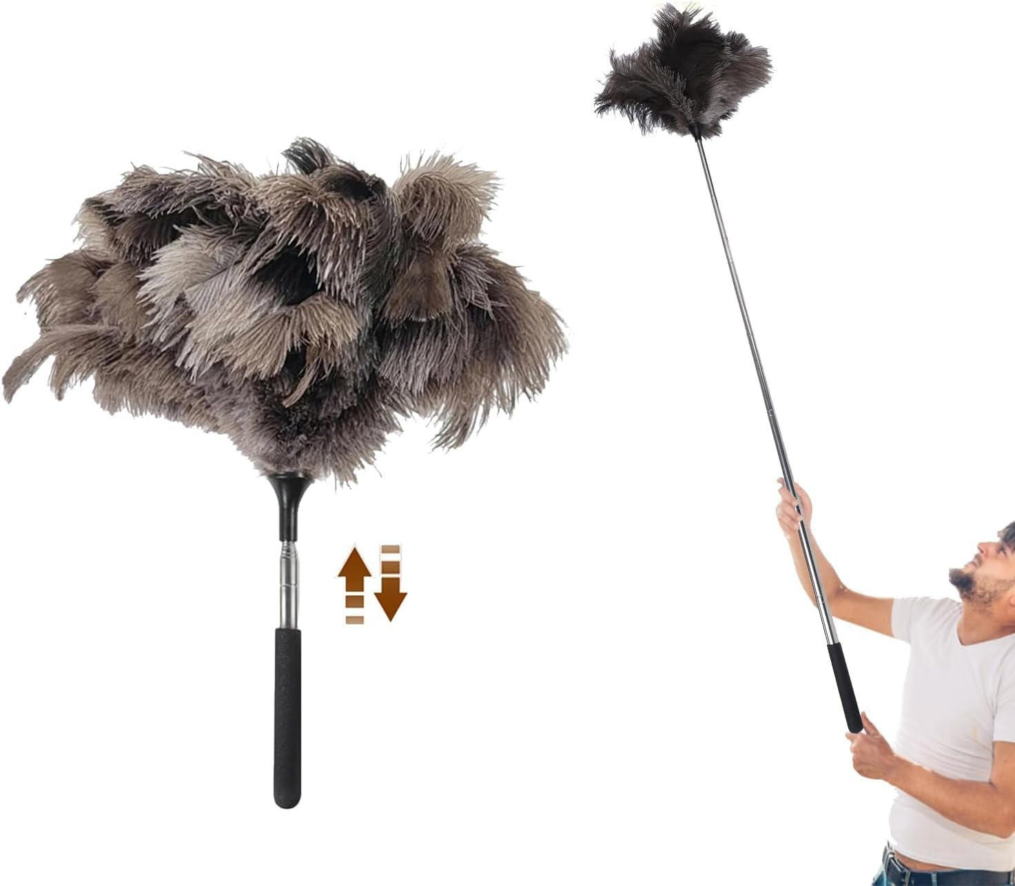 Extendable Ostrich Feather Duster up to 17-40 Inches Fluffy Feathers Long Handle Reusable for Cleaning Ceiling Fan Pendant Lamp High Ceiling Blinds Furniture Feather Duster image number 5