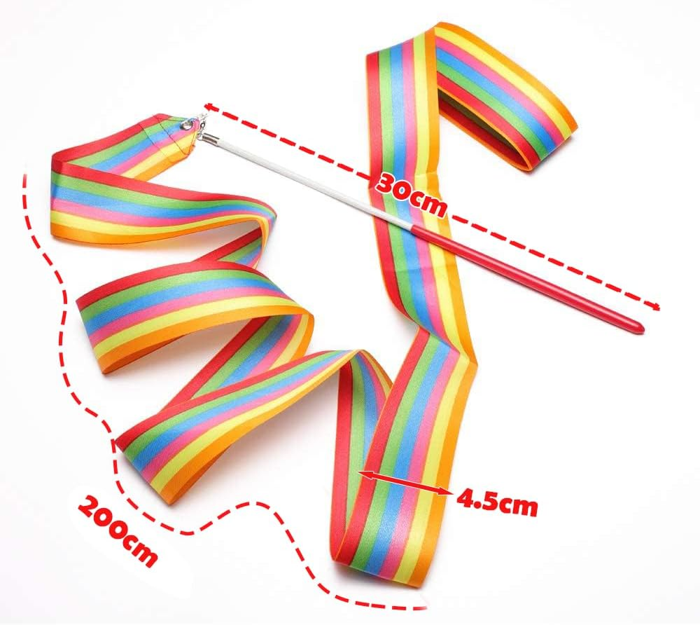 10 Pieces 2 Metre Art Gymnastics Rhythmic Band Swirling Baton Bar, Gym Dance Ribbon Wall Streamer and Stick for Children, Rainbow - Multi-Coloured image number 6