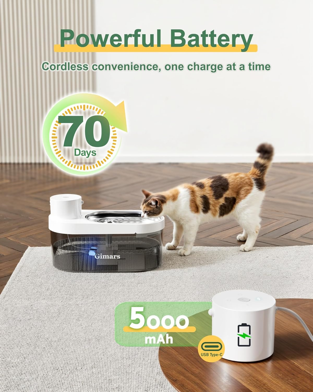 Gimars 4L Ultra-Quiet Bpa-Free & Stainless Steel Cat Fountain Wireless with Motion Sensor, 5000 Mah Battery, Drinking Fountain for Cats, Wireless without Power Cable, Water Fountain for Cats and Dogs image number 1