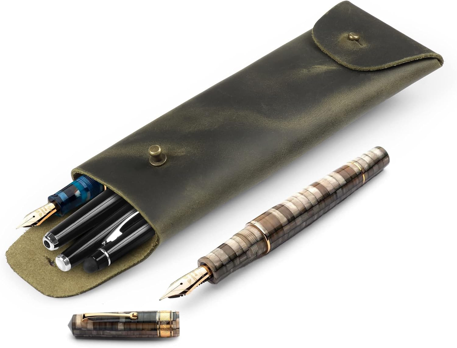 Otto Angelino Genuine Leather Pen Case with Metal Snap Fastener, Pencil Pouch Stationery Bag