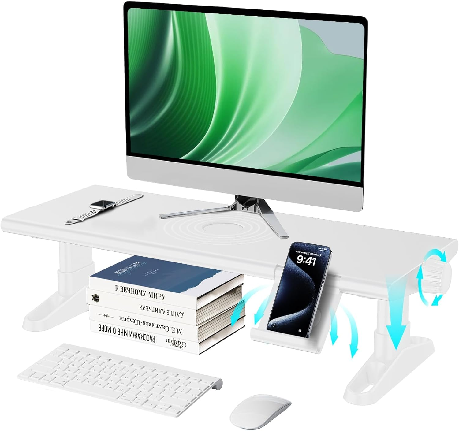 Computer Monitor Stand Riser for Desk, 12-16 Cm Freely Height Adjustable with Cellphone Holder, XICEN Multi-Purpose Desktop Organizer Monitor Stands Riser for Computer, Laptop, Printer, TV (White) image number 1