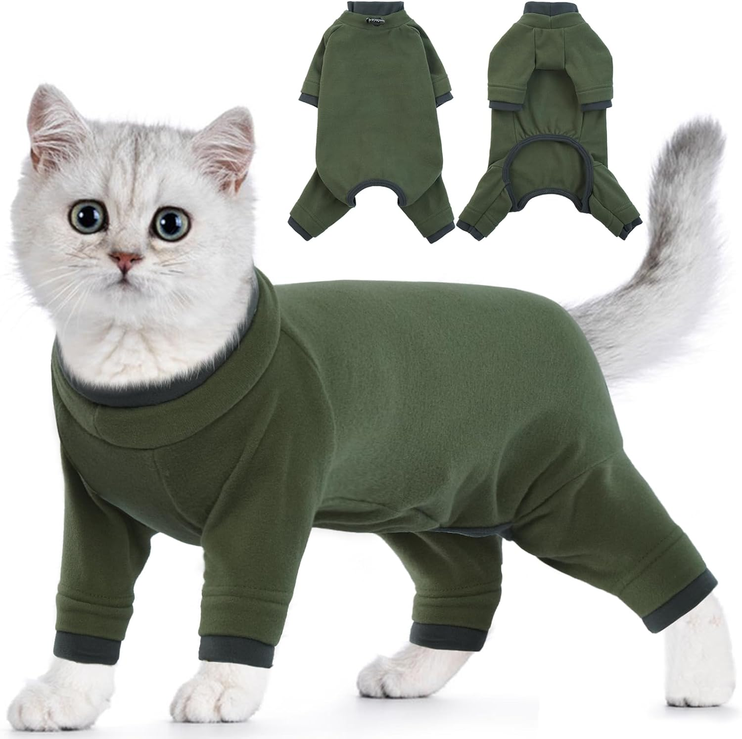 Kitten Clothes, Soft Pajama Winter Jacket Kitten Onesie Overall Four-Legged Warm Clothes Cat Recovery Suit Female after Surgery Hair Sticky Onesie(Army Green, XS)