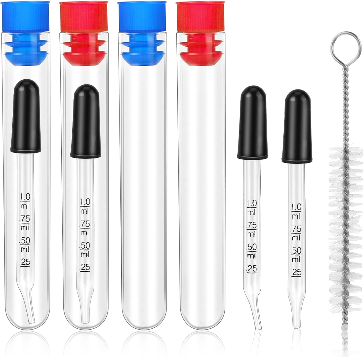 4Pcs 1Ml Eye Dropper with Durable Rubber Head, 1Ml Glass Dropper with Measurements Bent & Straight Tip, with Cleaning Brush Rubber Head, for Precise Pipette Droppers for Crafts, Essential Oil, Food