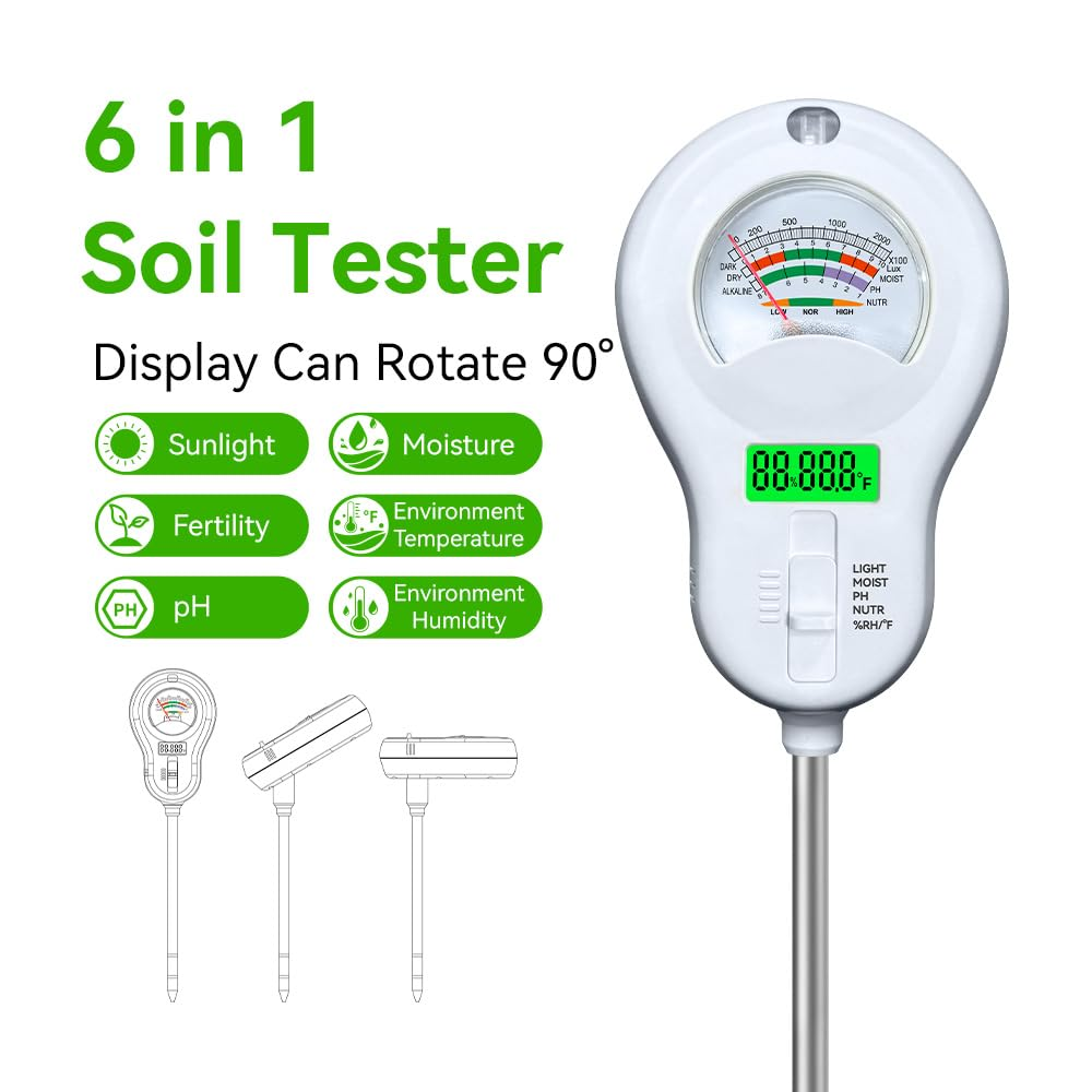 Soil Tester 6-In-1 Soil Moisture Meter Sunlight/Moisture/Fertility/Ph/Environment Temperature/Environment Humidity,Backlight LCD Display for Gardener,Lawn, Farming,Plant Care,Potting Soil Growing image number 6
