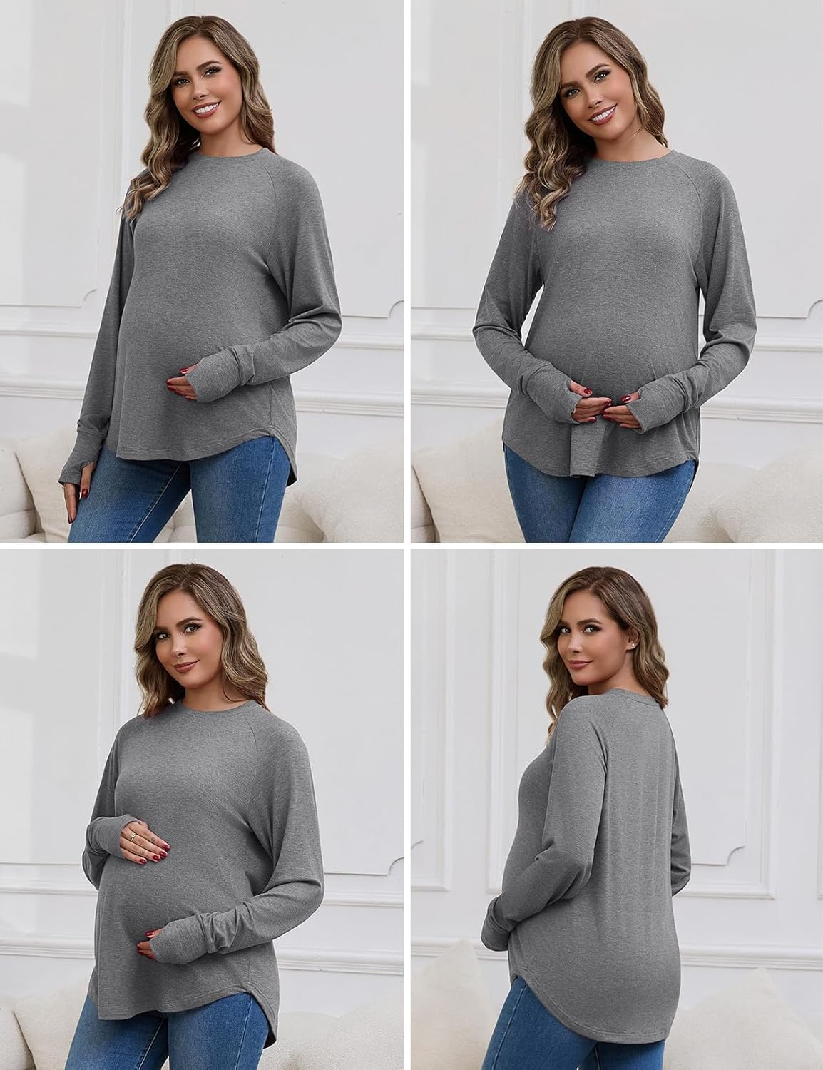 Bhome Maternity Shirts 3 Packs Long Sleeve Pregnancy Tops Loose Fit Casual Blouses with Thumb Holes image number 5