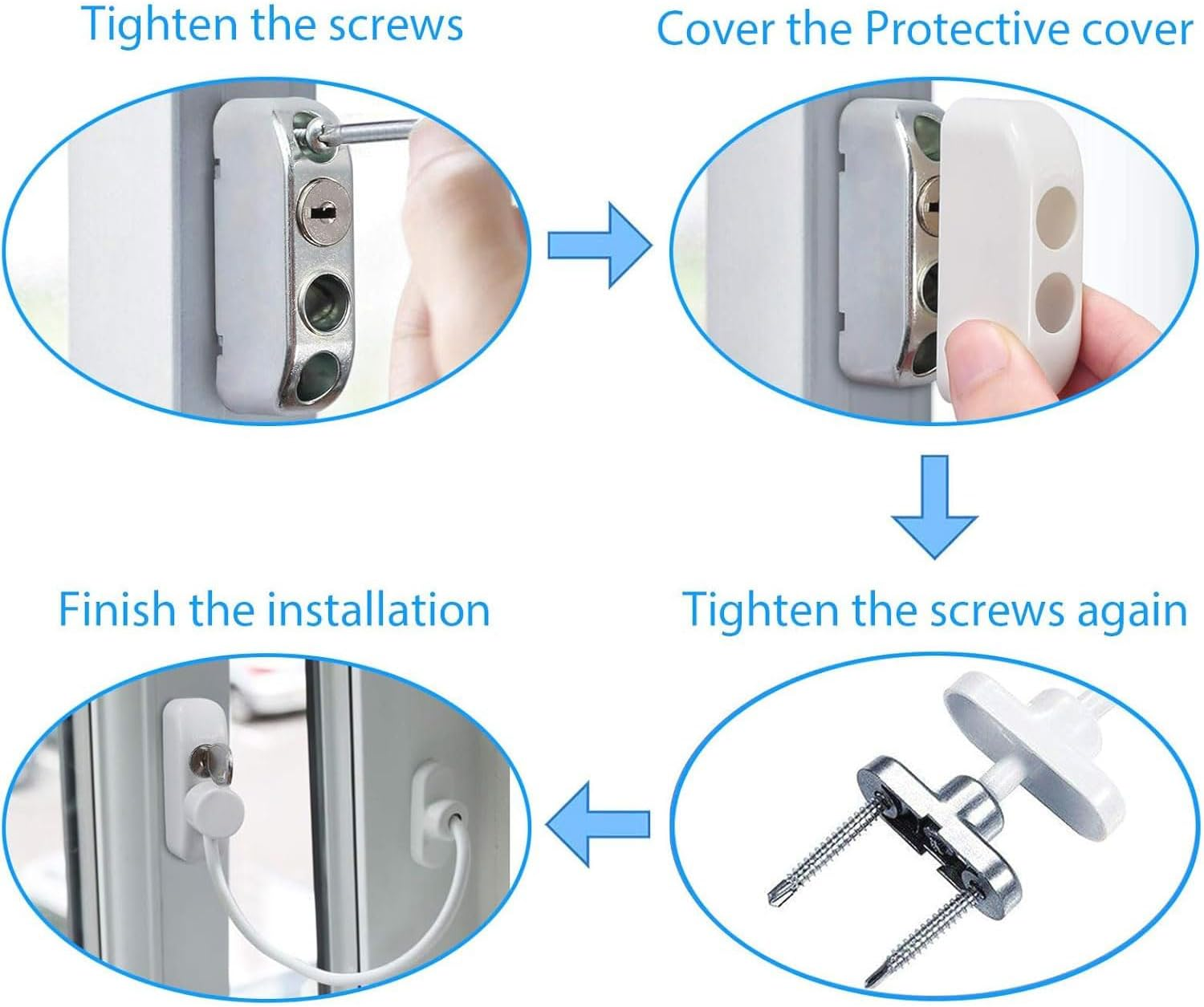 4-Pcs Door & Window Opening Restrictor, Lockable Safety Locks with Keys, Anti-Theft Window Guards for Child Safety, Security Cable Wire Catch to Prevent Kids from Falling (White) image number 1