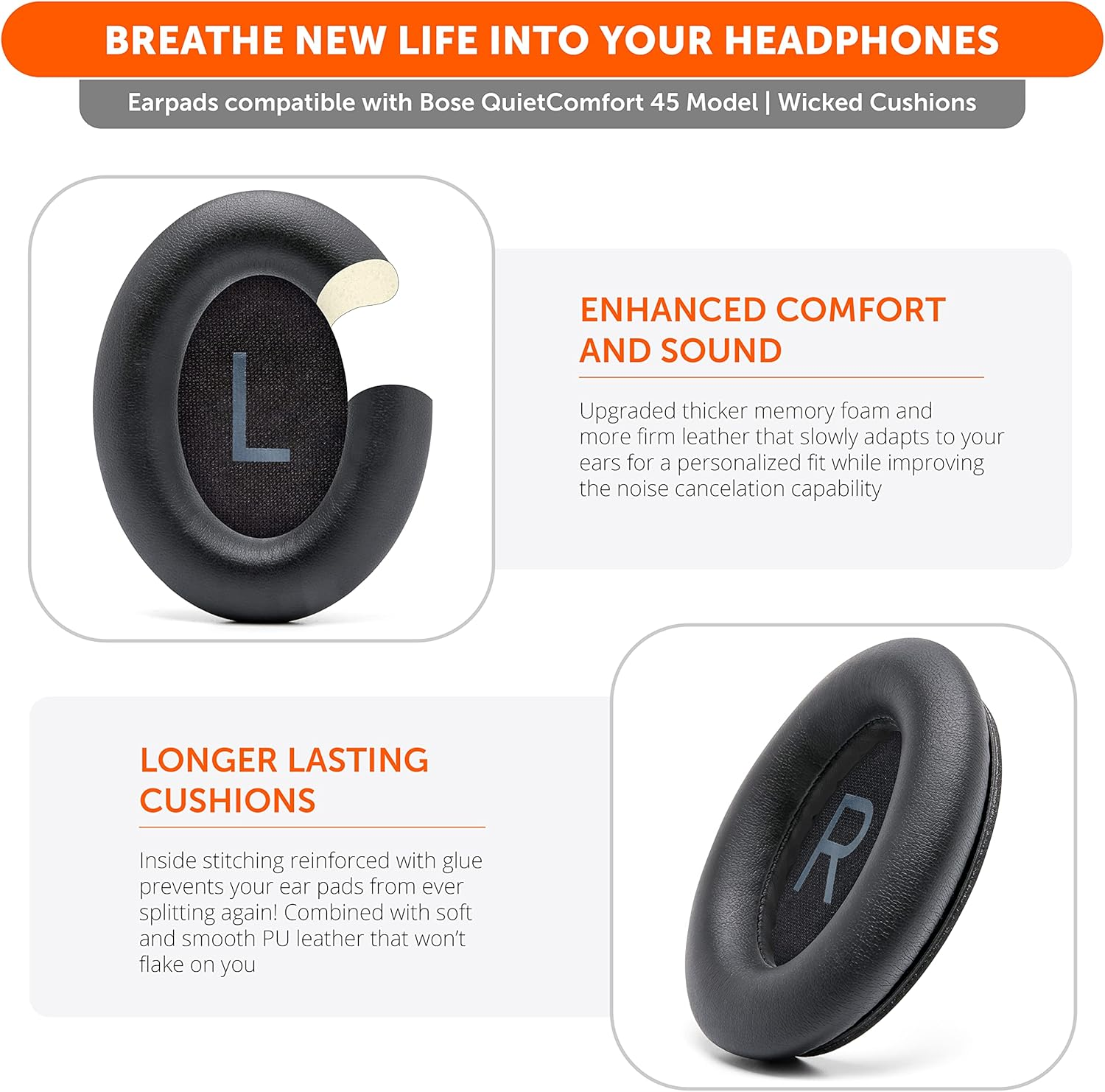 WC Padz QC45 - Earpads for Bose Quietcomfort 45 / Quietcomfort Se/Quietcomfort Wireless, Made by Wicked Cushions | Extra Thick Cushion | Premium Durable Stitching | Black image number 3