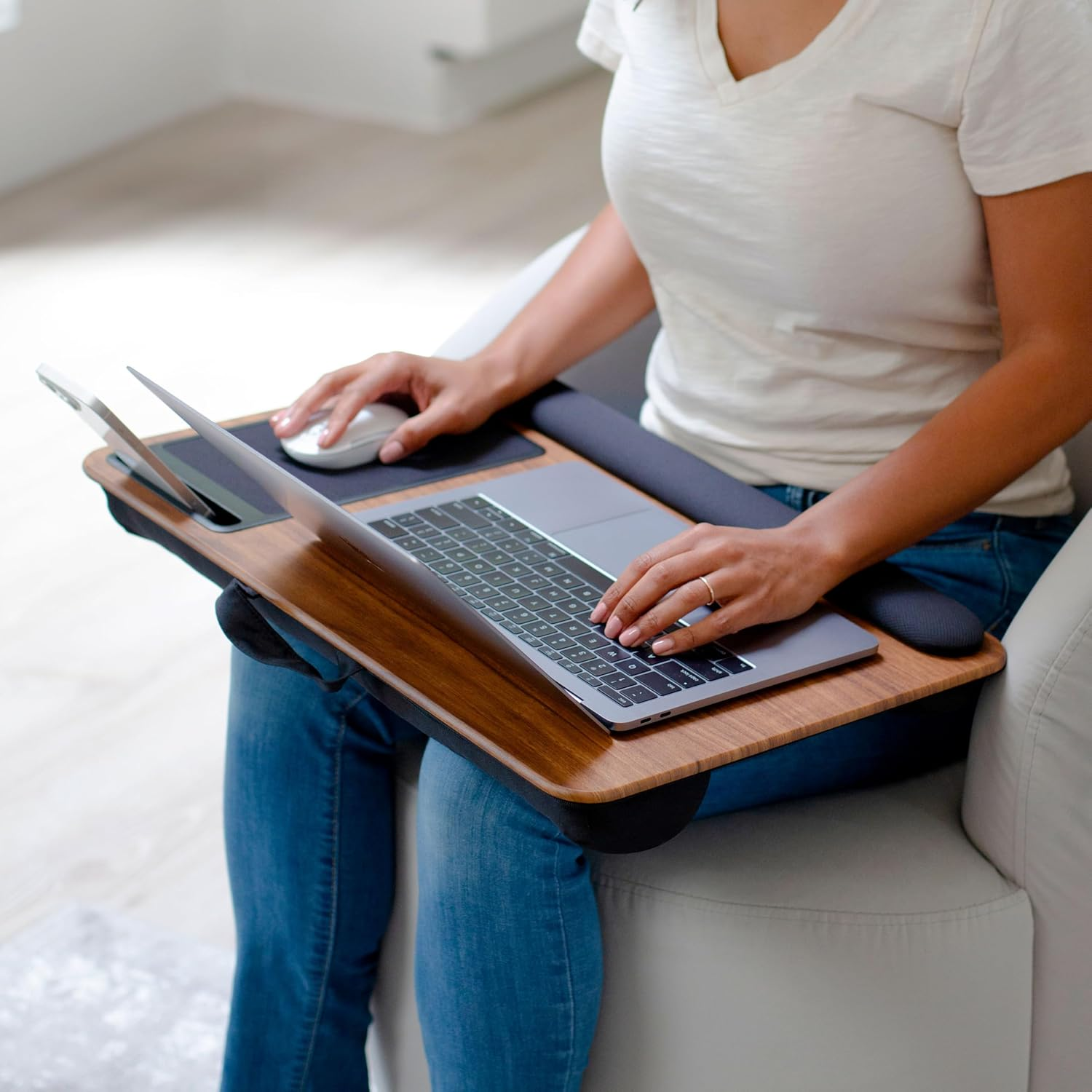 LAPGEAR Home Office Pro Lap Desk with Wrist Rest, Mouse Pad, and Phone Holder - Espresso Woodgrain - Fits up to 15.6 Inch Laptops - Style No. 91612 image number 3