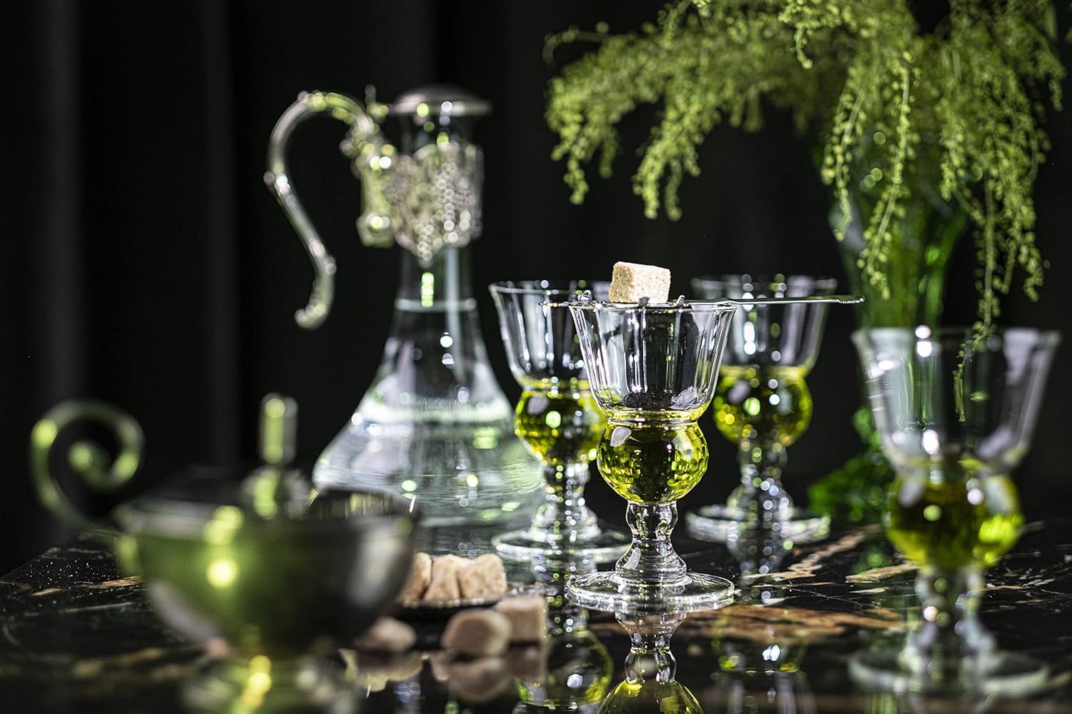 Vintage Crystal Liqueur Glasses, Absinthe, Sambuca, Raki, Pastis, Ouzo | Set of 4 | Short Stemmed 6.5 Oz Goblets with Bubble Reservoir for Drinking Green Fairy | Handblown Small Wine Bistro Glassware