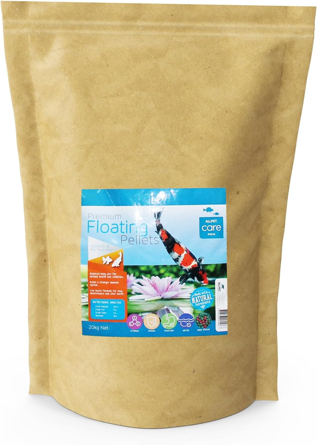 Aqua Care Premium Floating Pellets, Fish Food for Goldfish & Koi, 20KG - Natural Ingredients, Balanced Nutrition, Reduces Water Pollution, Suitable for Goldfish and Koi, 6Mm Medium