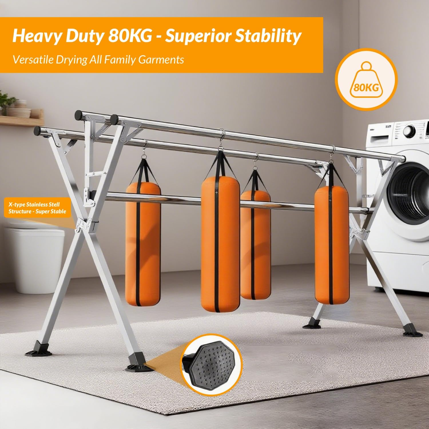 Hormes Clothes Drying Rack, Luxury 2.4M Adjustable Clothes Airer Laundry Drying Rack with 4 Rods, Foldable Stainless Steel Clothes Dryer Stand Horse, 80KG Load, 20 Hooks & 12 Clips for Outdoor Indoor image number 2