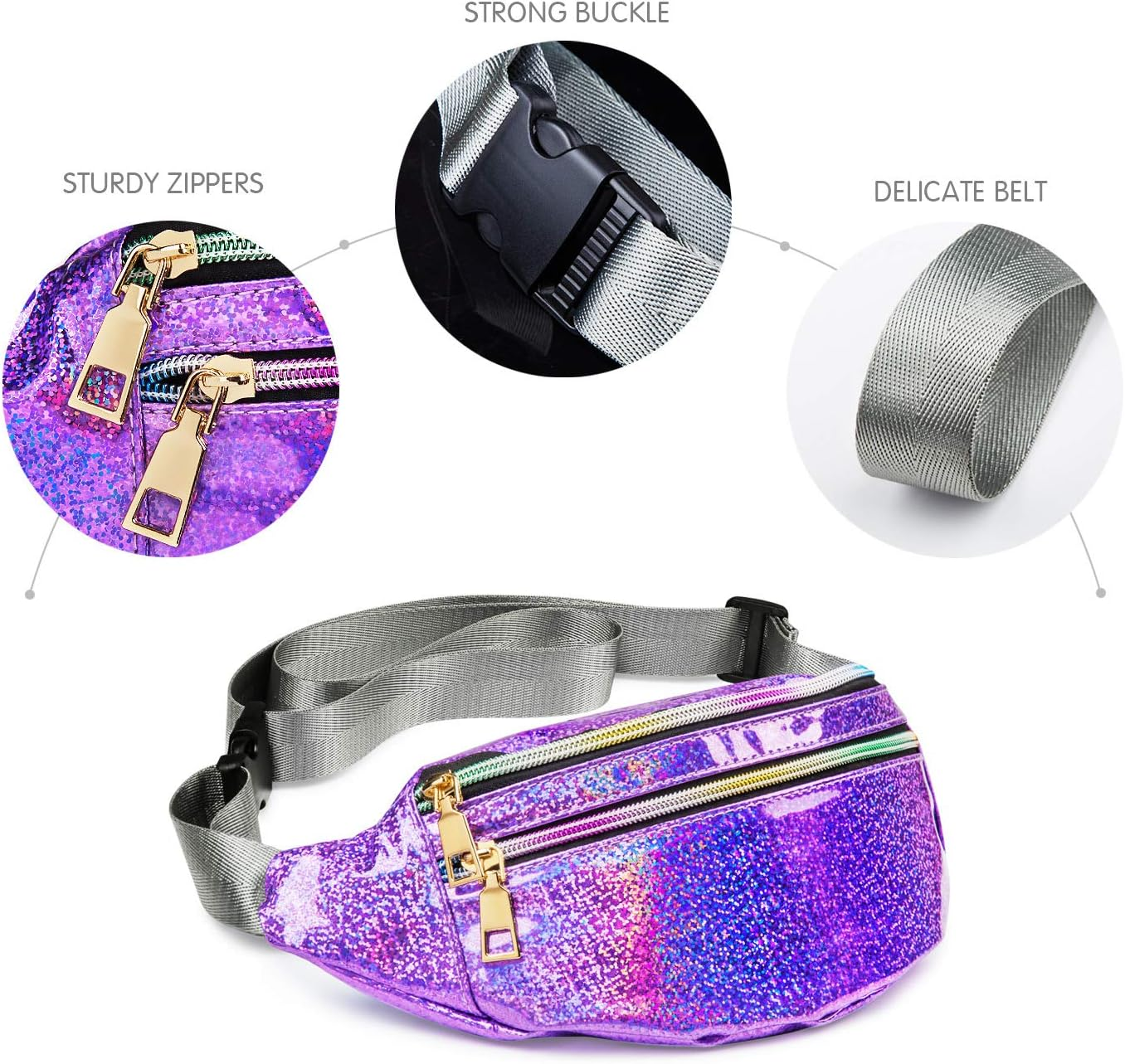 Fanny Pack Belt, Holographic Fanny Packs for Women, Men & Kids - Fashion Waterproof Waist Pack with 3 Pouches & Adjustable Strap - Shiny Causal Bags - Cute Bum Bag - Hip Sacks for Travel
