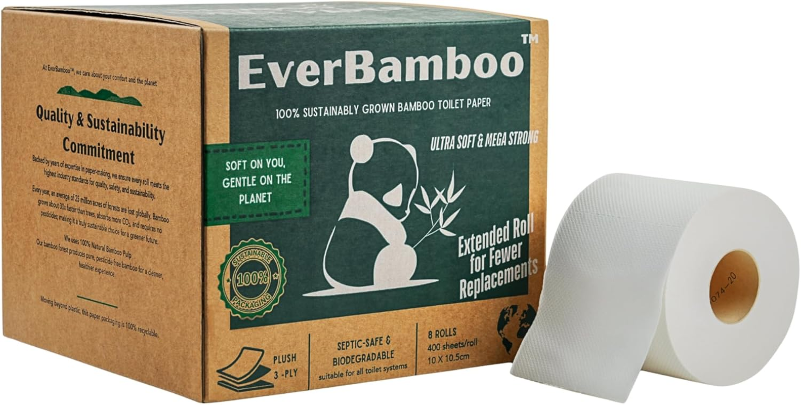 Premium 3-Ply, 100% Bamboo Toilet Paper, 32 Rolls Pack, More than Double Length - Ultra Soft and Mega Strong with 400 Sheets per Roll