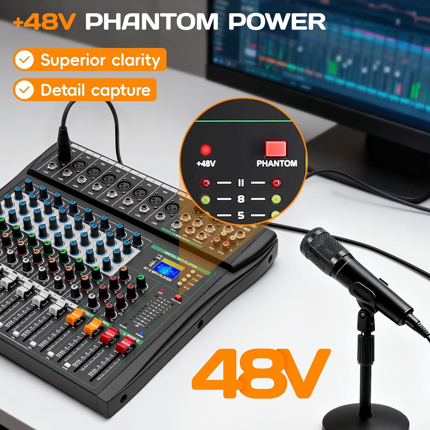 XTUGA CT80 8 Channel Audio Mixer for PC Recording Professional Sound Board Built-In Digital Effect Studio Mixer with 48V Phantom Power RCA Input Output Mp3Bluetooth EQ image number 2