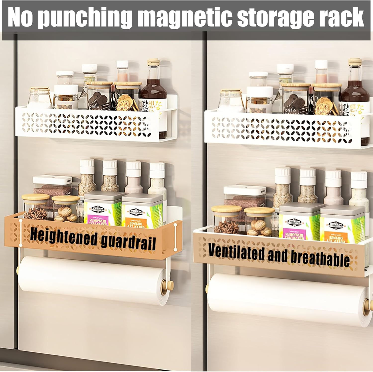 Janxin Spice Rack, Magnetic Spice Rack, No Drilling, Spice Rack, Kitchen Shelf No Drilling, with Paper Towel Holder, Suitable for Kitchen Organisation and Fridge (Black) image number 1