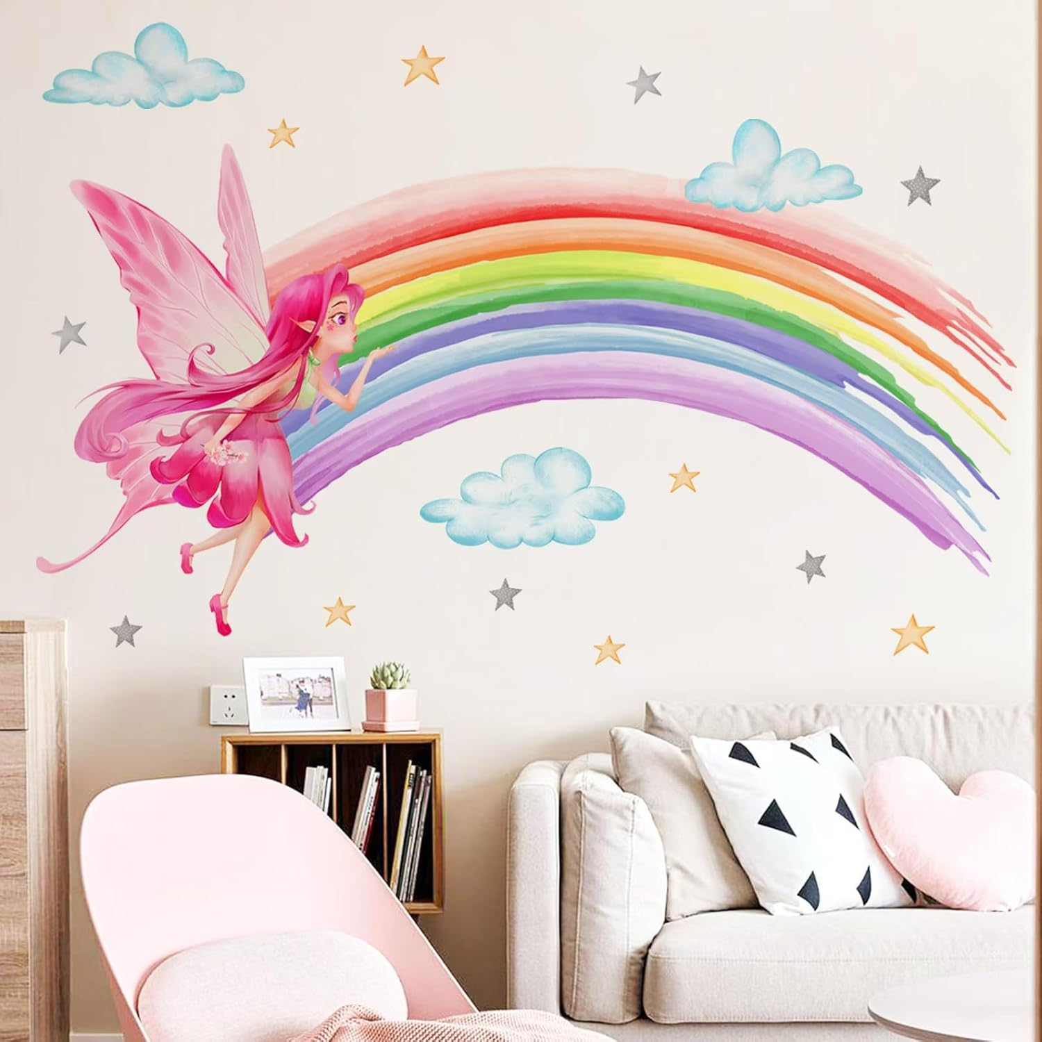 Fairy Wall Stickers Rainbow Clouds Star Wall Decals DIY Art Decor for Baby Nursery Children Bedroom Living Room Kid'S Gift Wall Decor image number 1