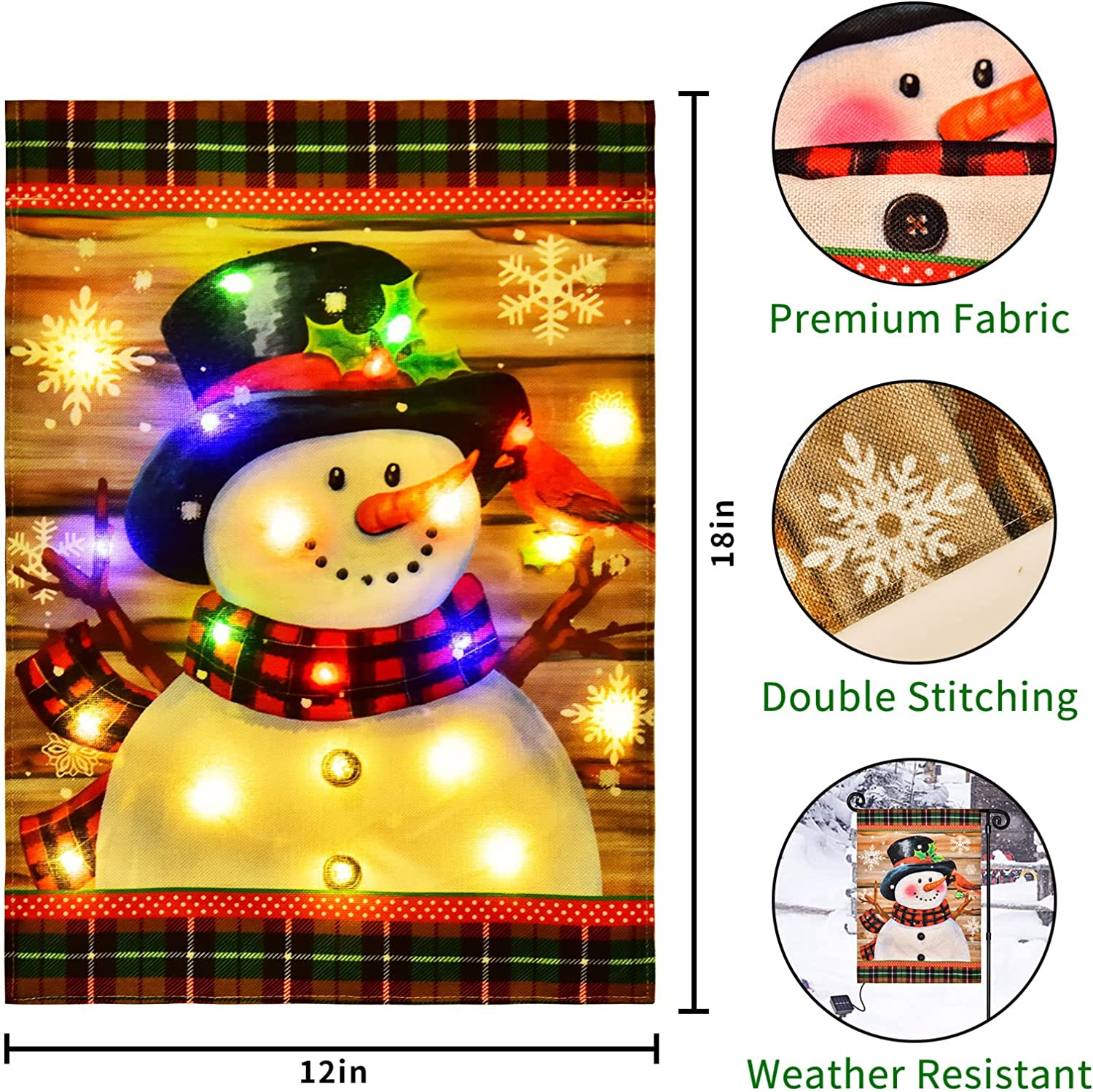 Lighted Winter Garden Flag for Outside, Led Snowman Garden Flag, Winter Yard Flag Winter Garden Flags 12X18 Double Sided for Outdoor Yard Garden Lawn Decoration
