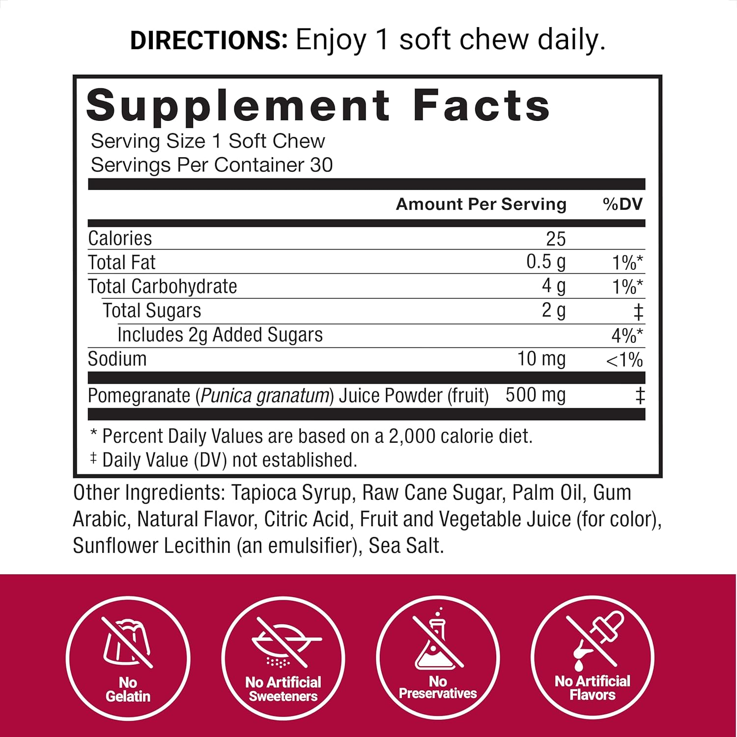 Force Factor Pomegranate Soft Chews for Healthy Aging, Heart Health, Bone Health, & Brain Health, Superfood & Antioxidants Supplement, Non-Gmo, Gluten-Free, Vegan, Pomegranate Flavor, 30 Soft Chews