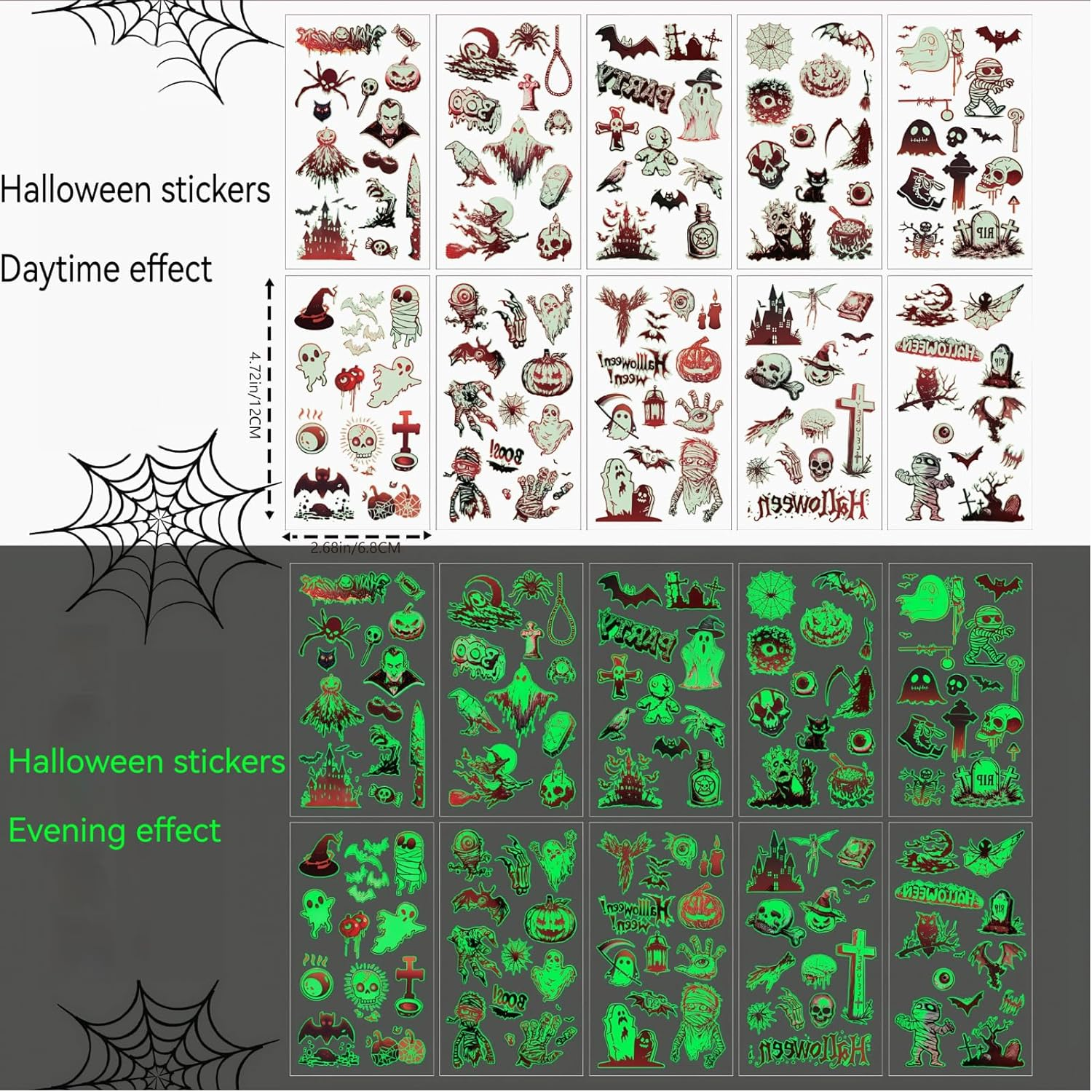 10 Sheets Halloween Temporary Tattoos for Kids,Halloween Tattoo Luminous Stickers Stocking Stuffers Halloween Party Favors Glow in Dark，Tattoos Face Make up Gift Filler Decoration for Boys Girls