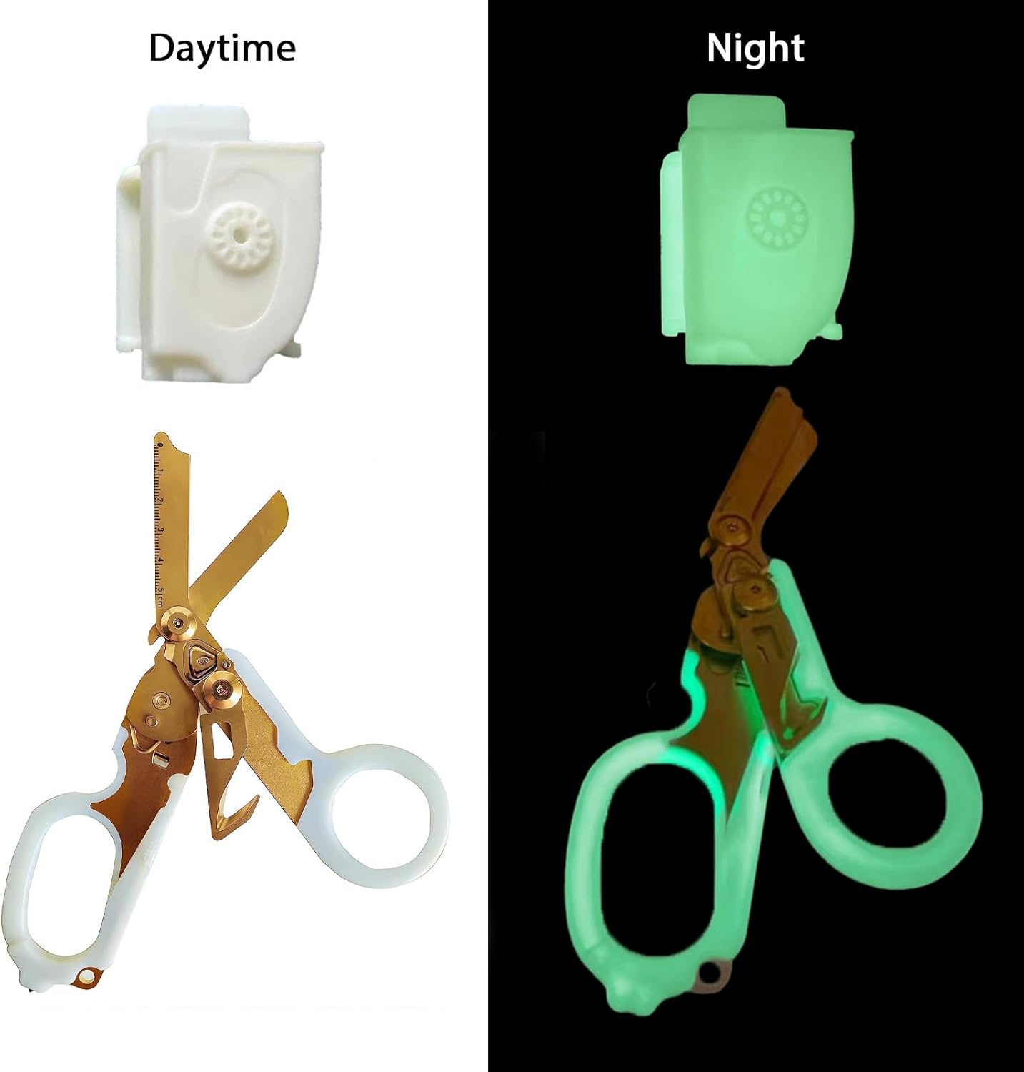 Emergency Response Shears,Stainless Steel Self-Luminous Foldable Trauma Shears,Outdoor Camping Rescue Shears Tools, Luminous White Gold+Sheath image number 5