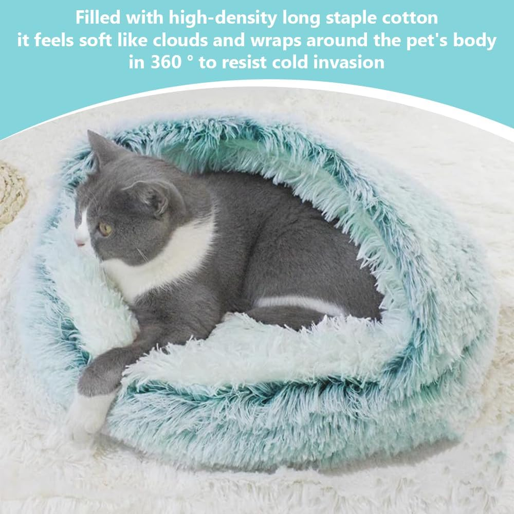 Cat Bed round Plush Fluffy Hooded Cat Bed Cave, Cozy for Indoor Cats or Small Dog Beds, Soothing Pet Beds Doughnut Calm Anti-Nxiety Dog Bed - Waterproof Bottom Washable, 20 Inches (Green, 60 Cm) image number 6