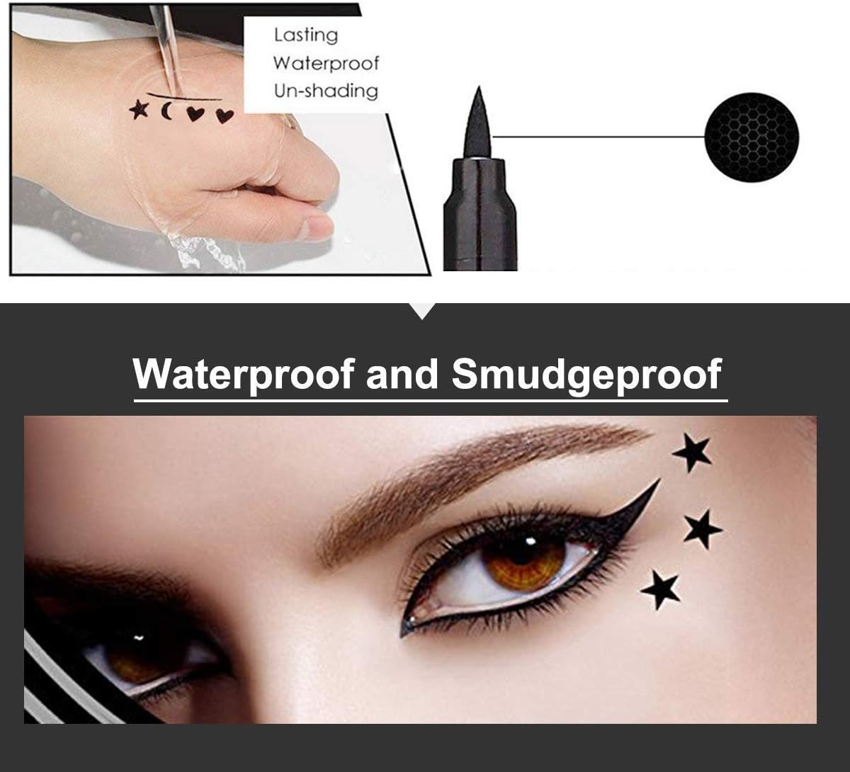 Evpct 4In1 Star Flowers Hearts Moon Face Stamps Eyeliner Makeup Set, Black Colored Liquid Winged Wing Eyeliner Stamp Wingliner, Waterproof, Star Eye Liner Stamp Figures Tool