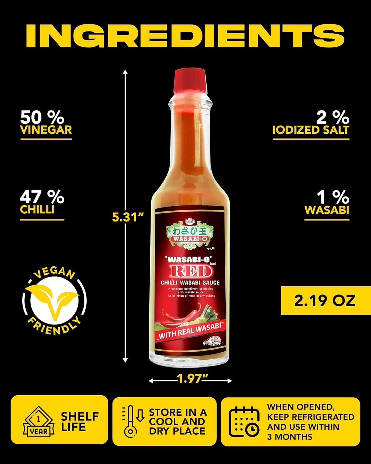 Wasabi O Red Chili Hot & Spicy Sauce - Fresh Made Japanese Sauce with Pure & Real Wasabi, Gluten Free & Vegan Wasabi Sauce for Steak & Sushi, 55G Bottle (Pack of 2) image number 1