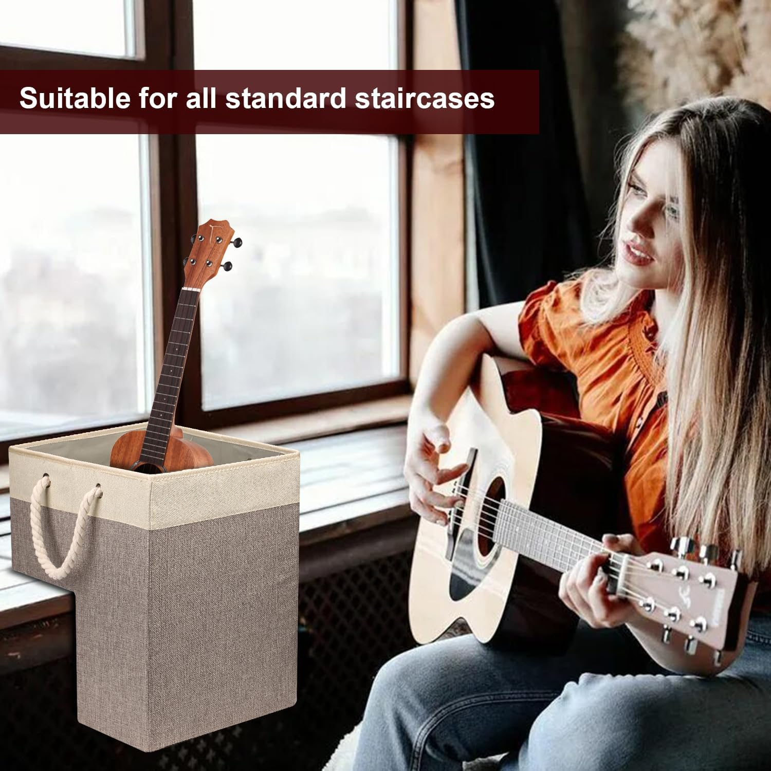 NQEUEPN Stair Basket, 16.14 X 10.24 X 16.14 Inch Multifunctional Staircase Basket Organizer Holder Storage Bin with Rope Handles Foldable Step Basket for Home Office, 40072 image number 5