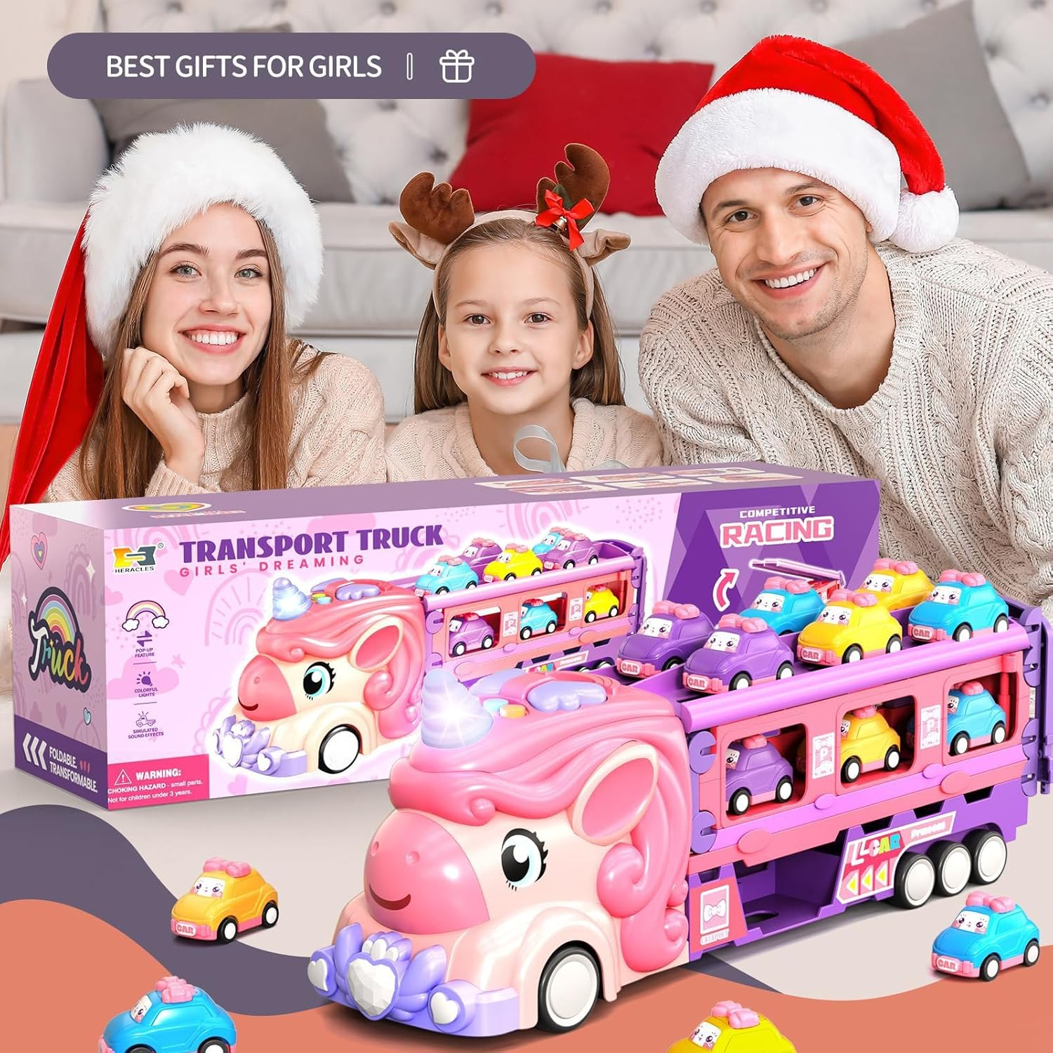 Unicorn Car Toys for 2 3 4 5 6 7 Year Old Toddler Girl, Unicorn Toys Truck & Foldable Race Track W/Light & Sound, Friction Power Toy Cars W/ 9 Princess Cars, Birthday Presents Kids Girls Age 4-6 image number 3