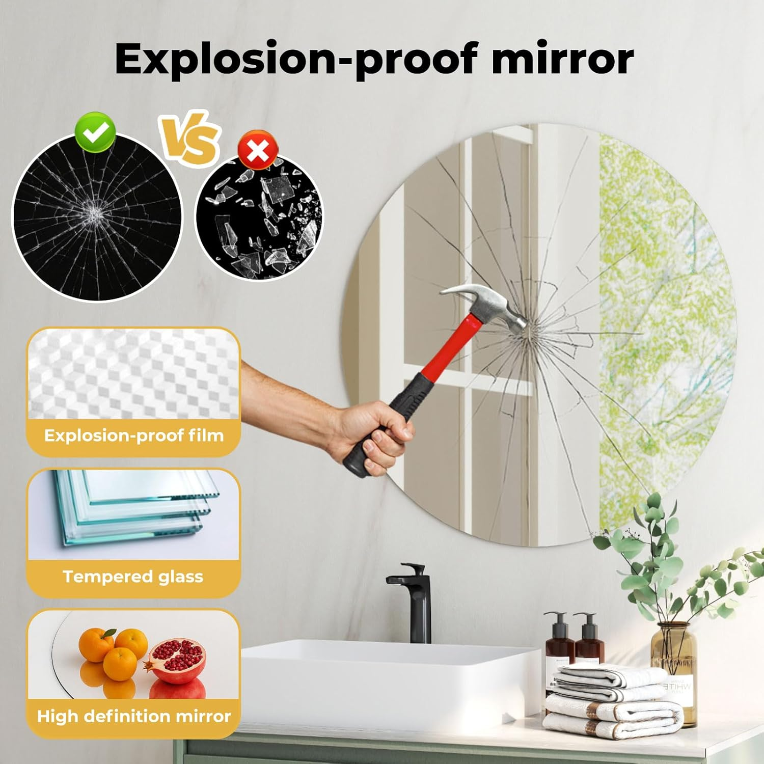 Levede Wall Mirror Frameless 50X50Cm Round, Explosion-Proof Bathroom Mirror with Dovetail Hook,3.5Mm Tempered Glass, HD Reflection,Safe Design,For Bedroom, Living Room, Entryway, Modern Home Decor image number 3