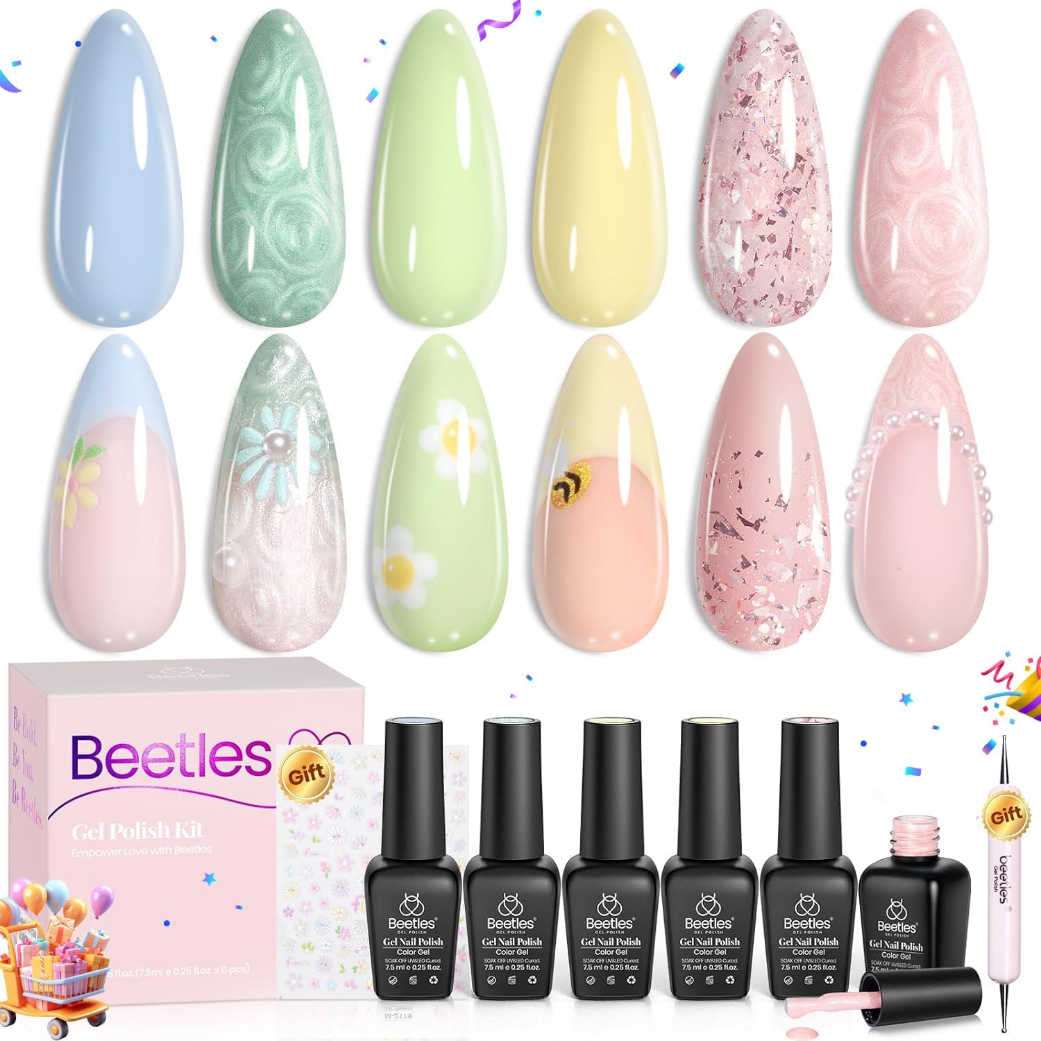 Beetles Pastel Gel Nail Polish Set &ndash; 6 Colours in Summer Pink, Green & Yellow, Swirl, Shell & Thread Effects, UV LED Soak-Off Gel for DIY Manicures & Nail Art