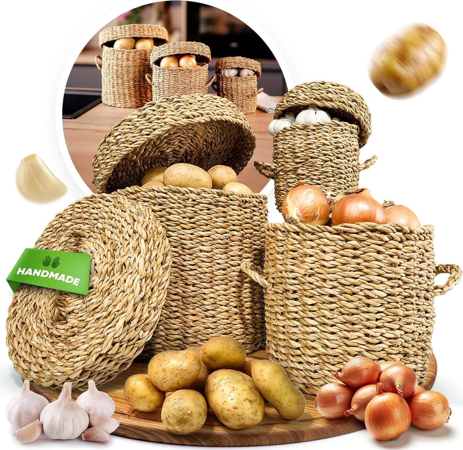 Fruit Hub&reg; Seagrass Potato & Onion Storage Box - Set of 3 Natural Vegetable Containers - Breathable & Lightproof - Sustainable Kitchen Organisation image number 6