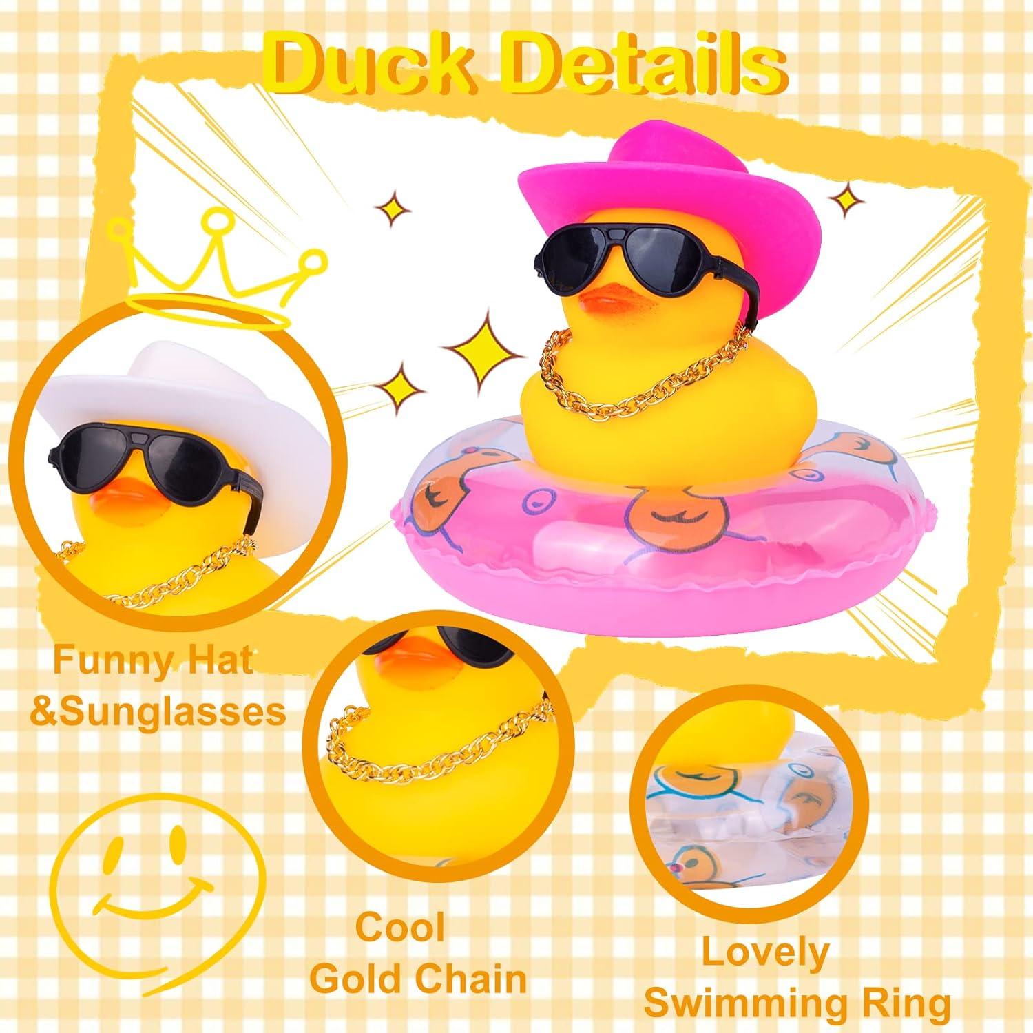 Car Rubber Duck 2Pcs Dashboard Decorations Yellow Duck Ornaments with Mini Swim Ring Sun Hat Necklace and Sunglasses image number 4