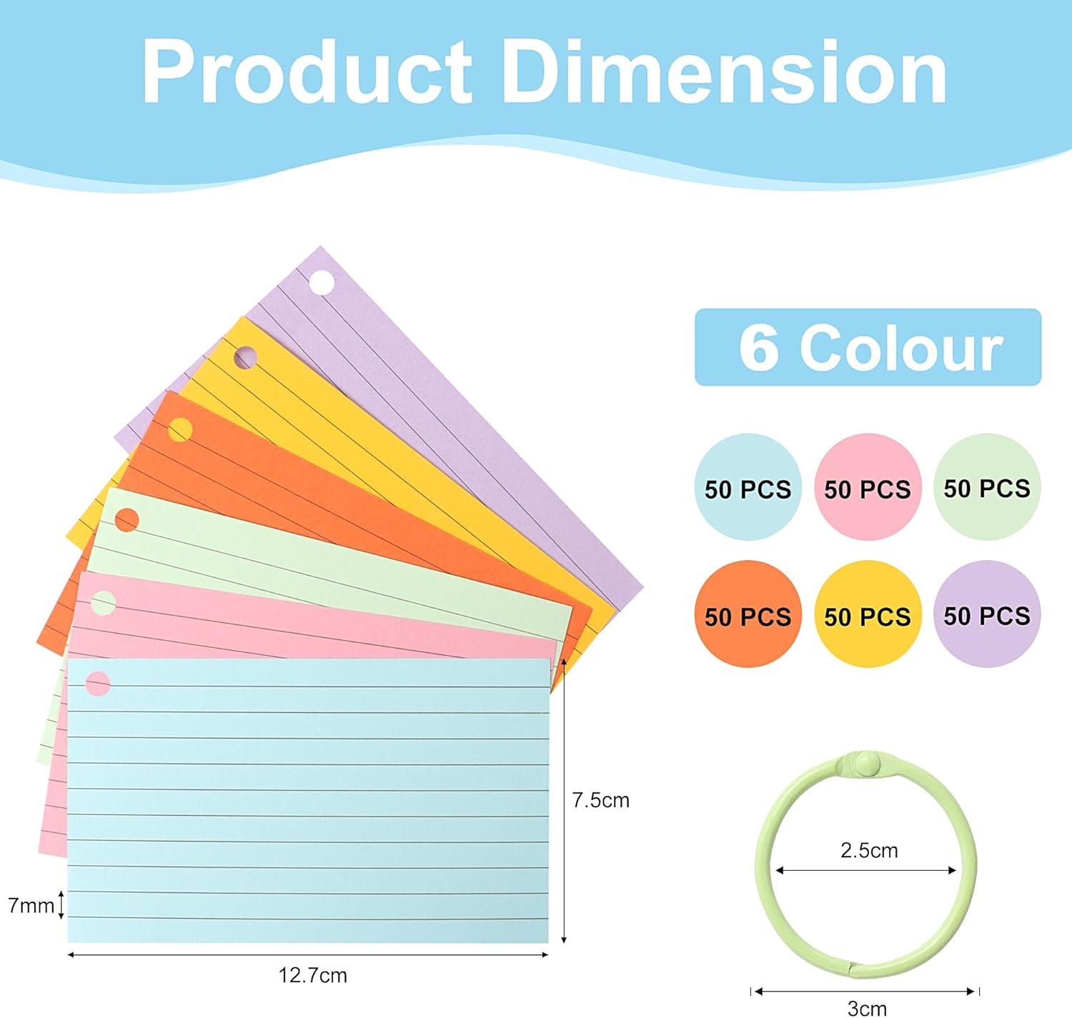 JUNART 300 Pcs Index Cards(6 Colours &times; 50 Pages) with 6 Binder Rings, Perforated Colourful Flash Cards for Study Notes, Office, Home, Etc image number 4