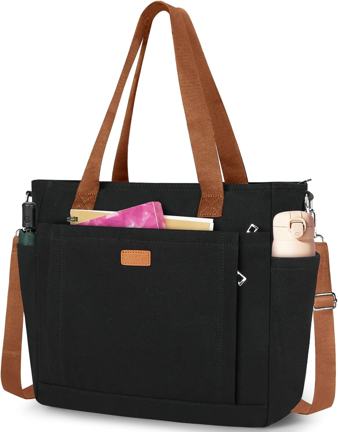 Canvas Tote Bags for Women with Zipper and Compartments Large Shoulder Bag Waterproof Crossbody Bag for School Work Beach