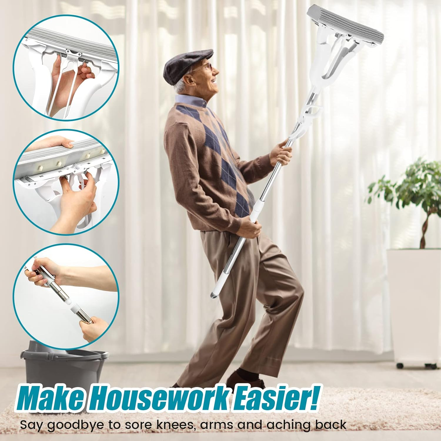 Kandishiex PVA Sponge Mop, Super Absorbent Sponge Roller Mop, Wet and Dry Use, Self Wringing, 12.9In Head, for Home Floor image number 2