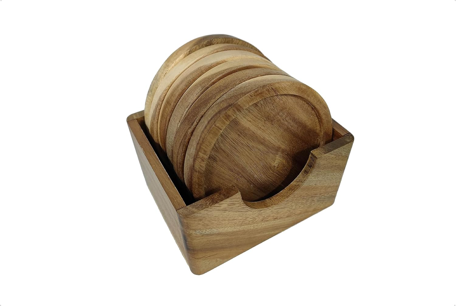 6 Piece Acacia Wood Coaster Set with Holder in a Gift Box, Made from One Pc Solid Acacia Wood, Made in Vietnam.